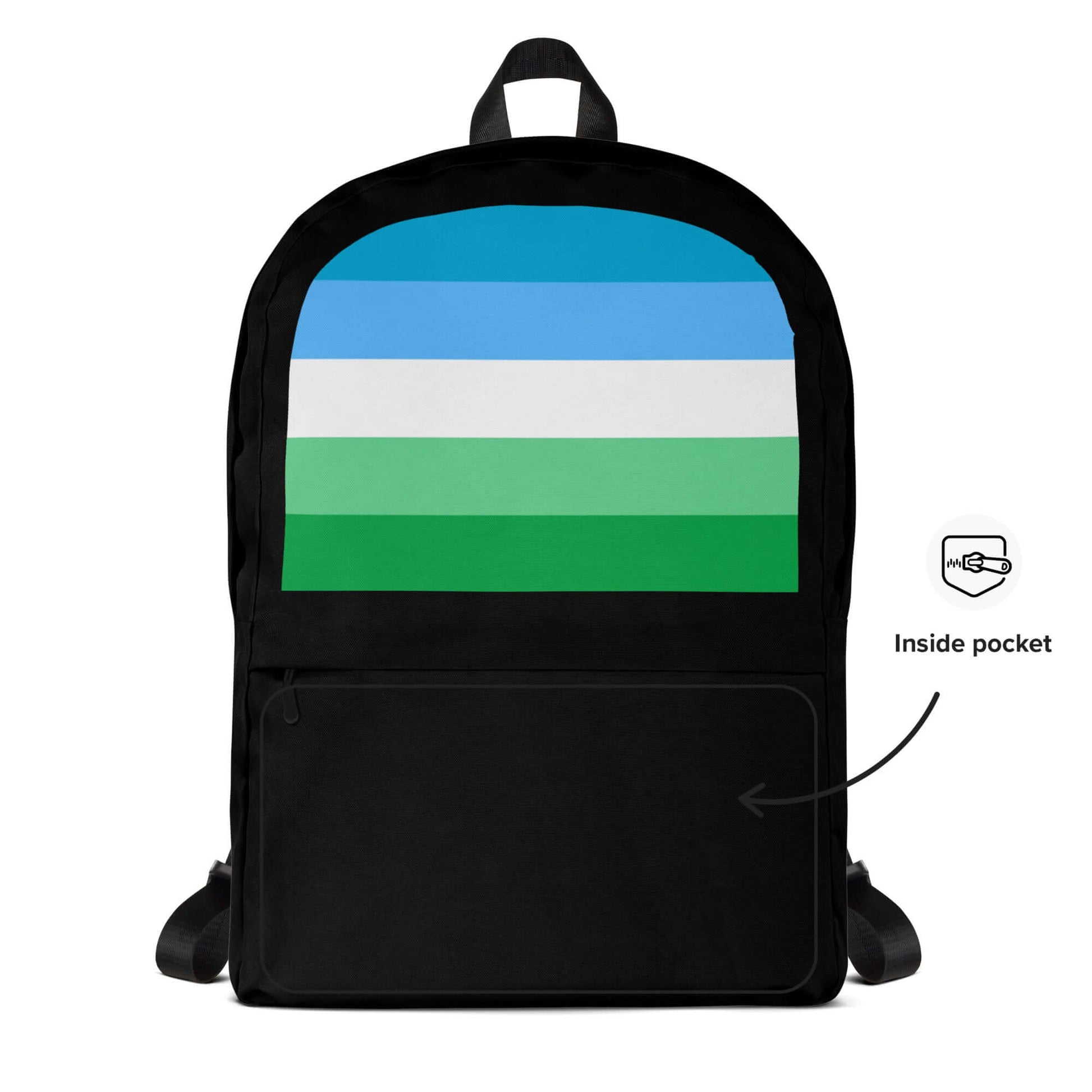 Gay Men III Pride Backpack featuring a colorful striped design and an inside pocket.
