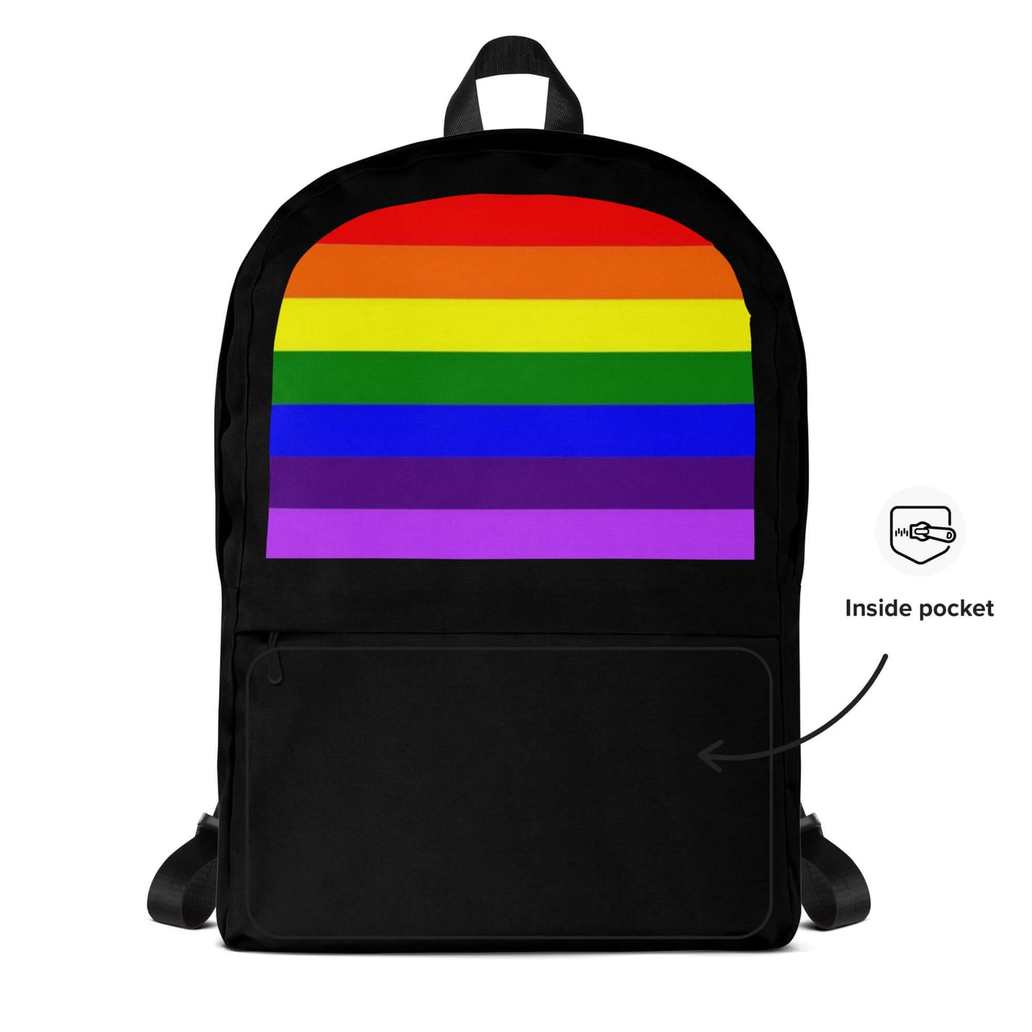 Gilbert Baker (Adapted Version) Pride Backpack with rainbow stripes and a labeled inside pocket.
