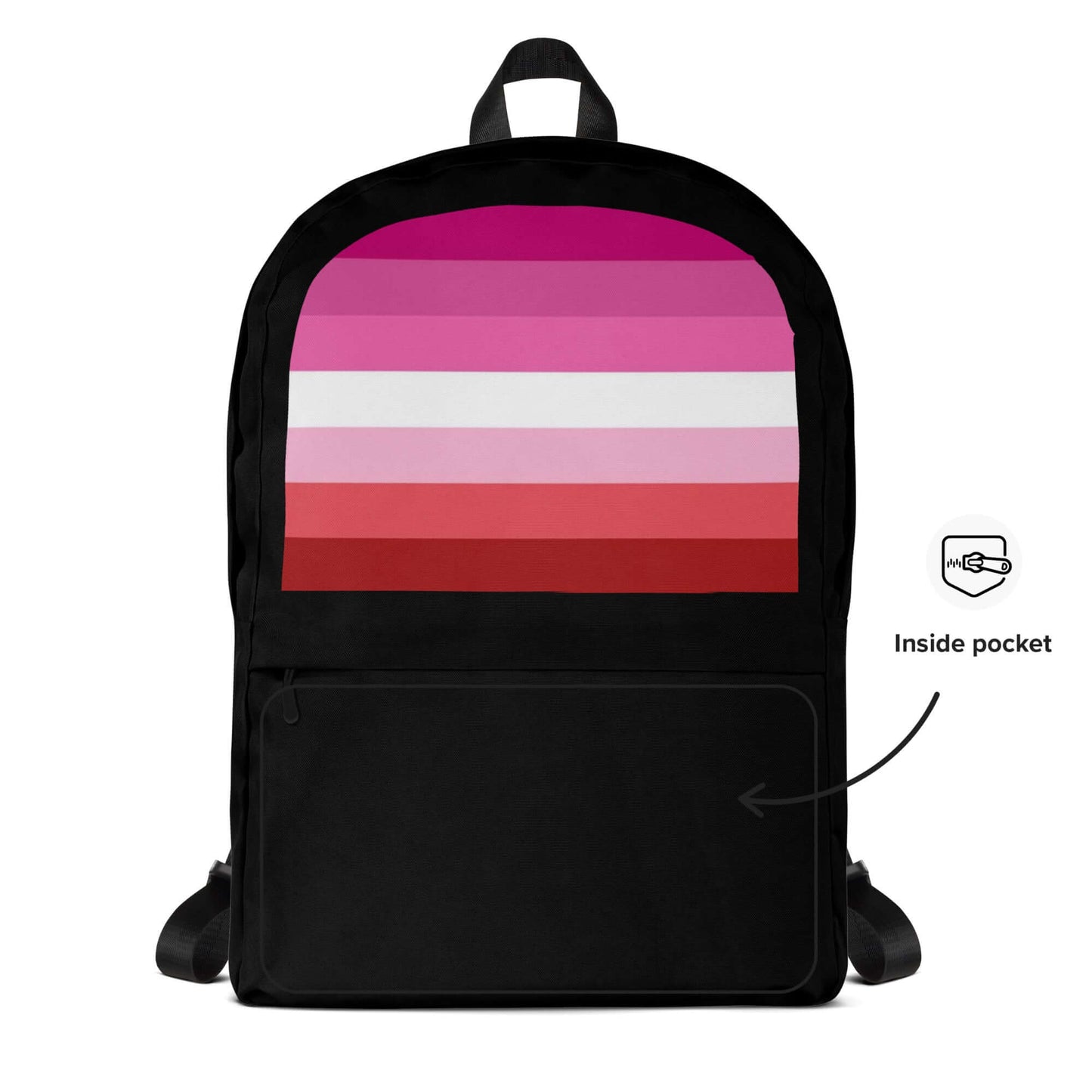 Lesbian Femme Pride Backpack featuring a vibrant pink and red design with an inside pocket for organization.