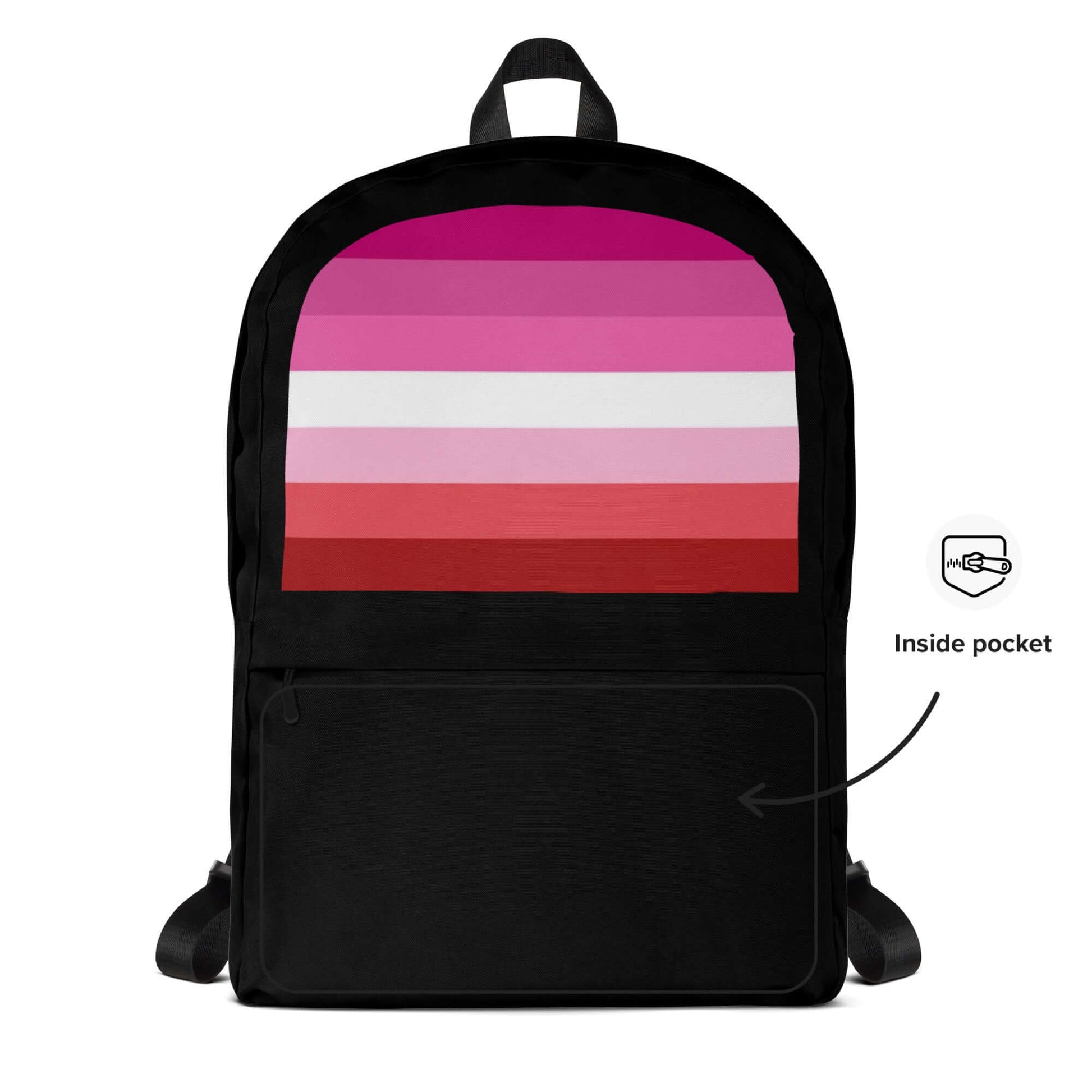 Lesbian Femme Pride Backpack featuring a vibrant pink and red design with an inside pocket for organization.