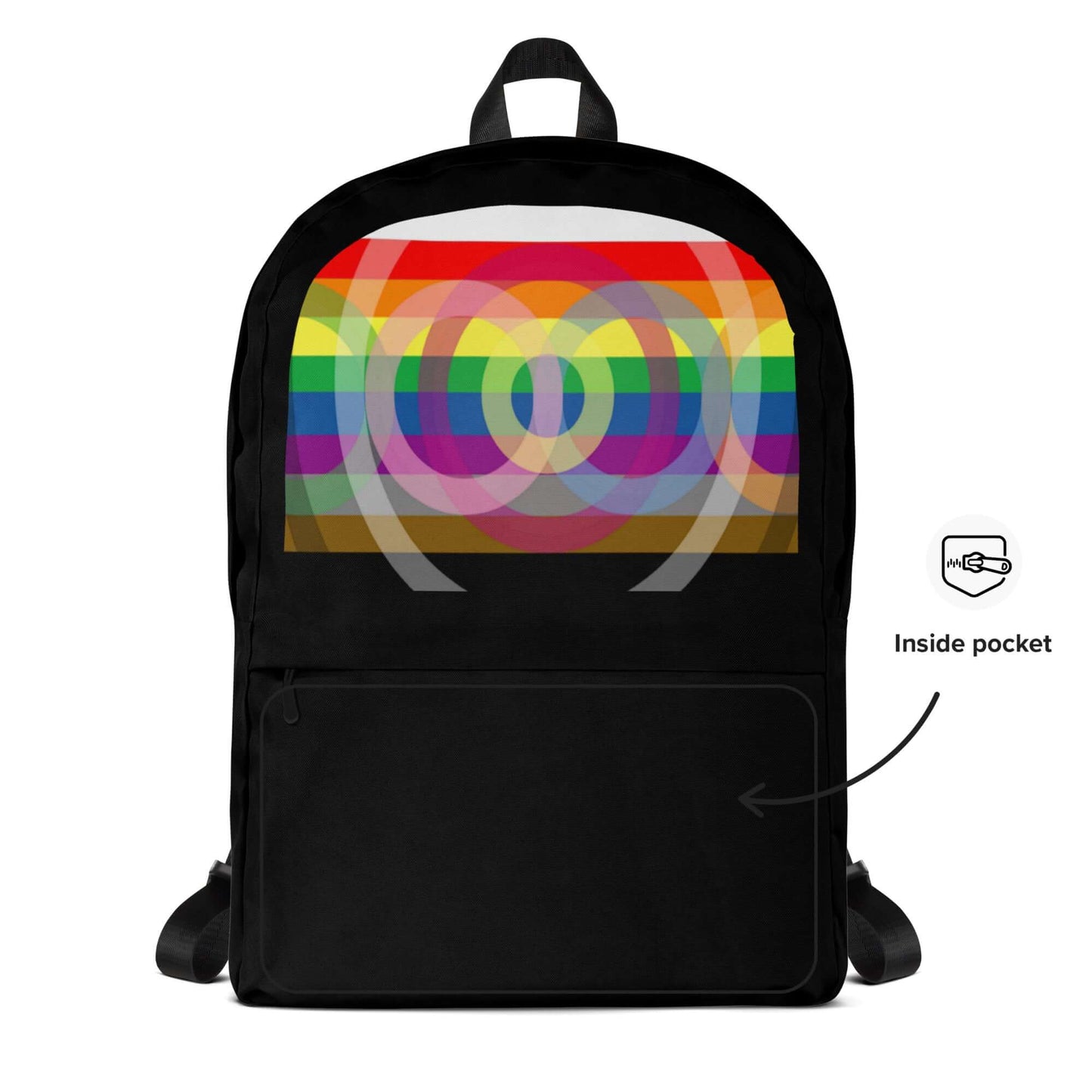 Outburo Intersectional Pride Backpack featuring a colorful design and inside pocket for organized storage.
