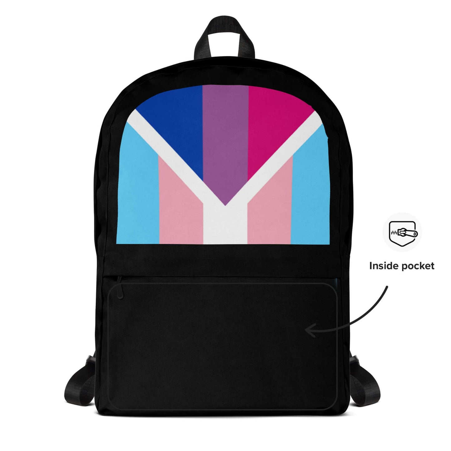 Transgender Bisexual II Pride Backpack with vibrant colors and an inside pocket for storage.