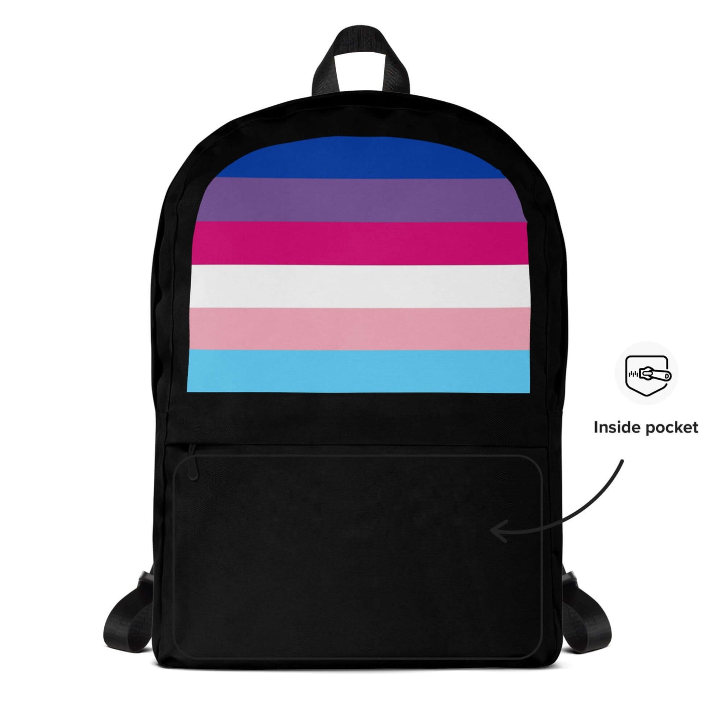 Transgender Bisexual III Pride Backpack with colorful stripes and inside pocket for practical use.