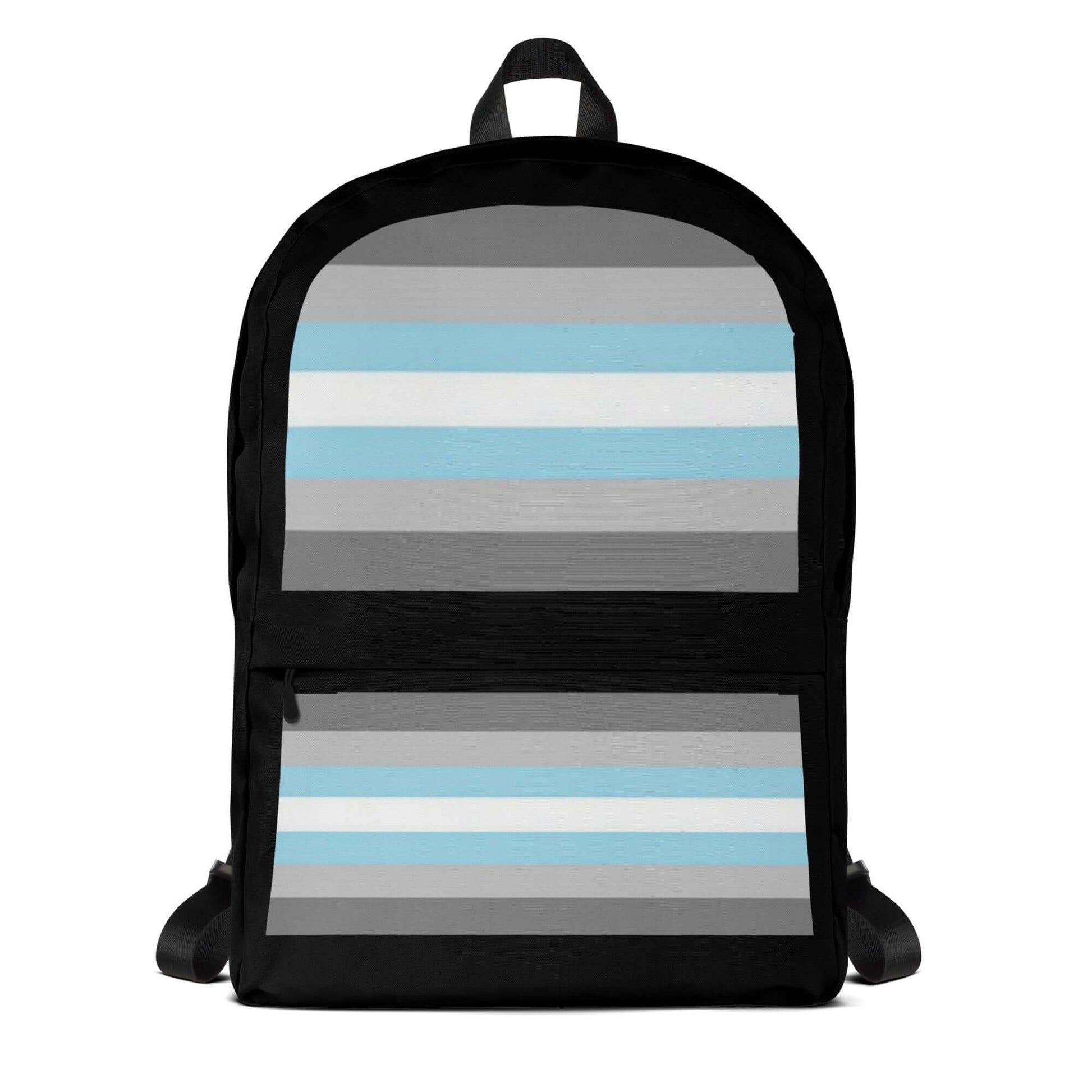 Demigender Demiboys Pride Backpack with horizontal blue and gray stripes, ideal for daily use and sports activities.