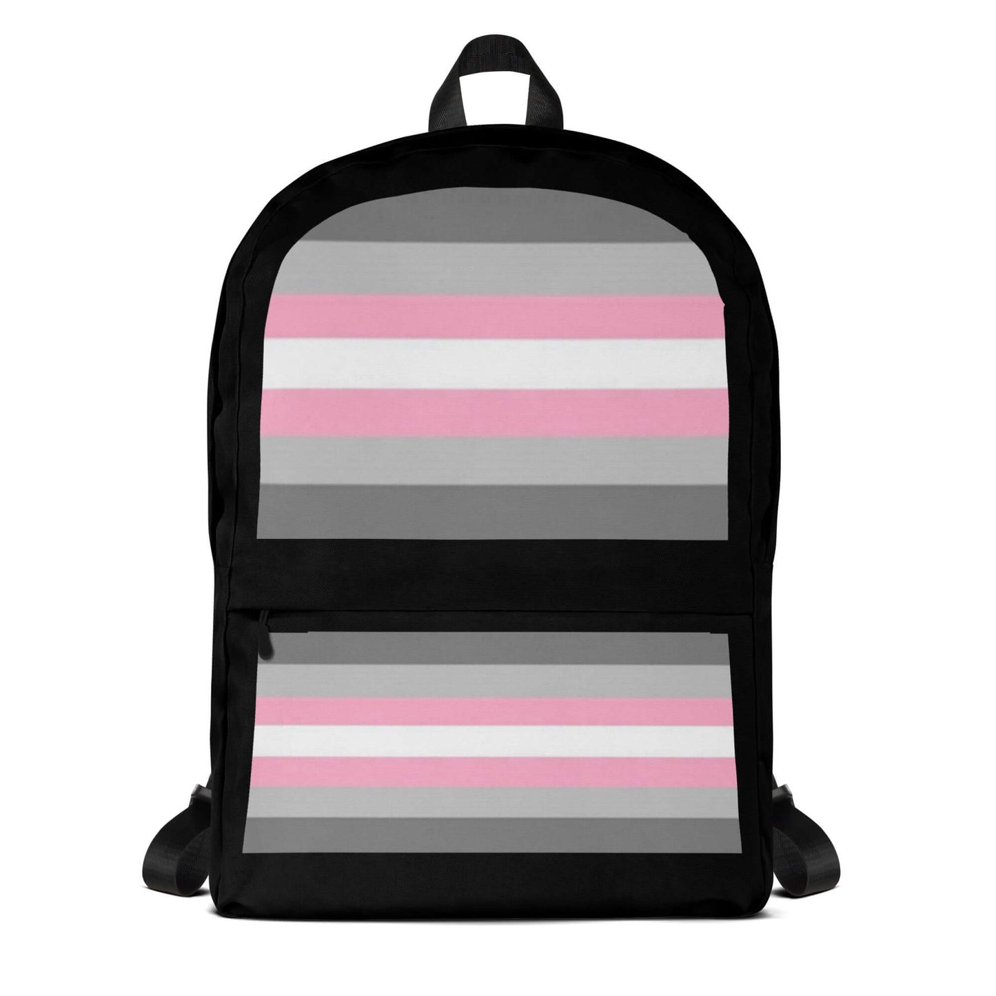 Demigender Demigirls Pride Backpack featuring a stylish gray and pink striped design.