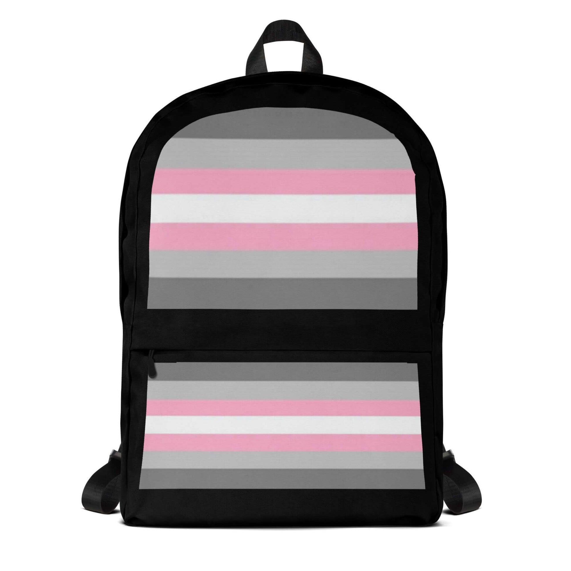 Demigender Demigirls Pride Backpack featuring a stylish gray and pink striped design.