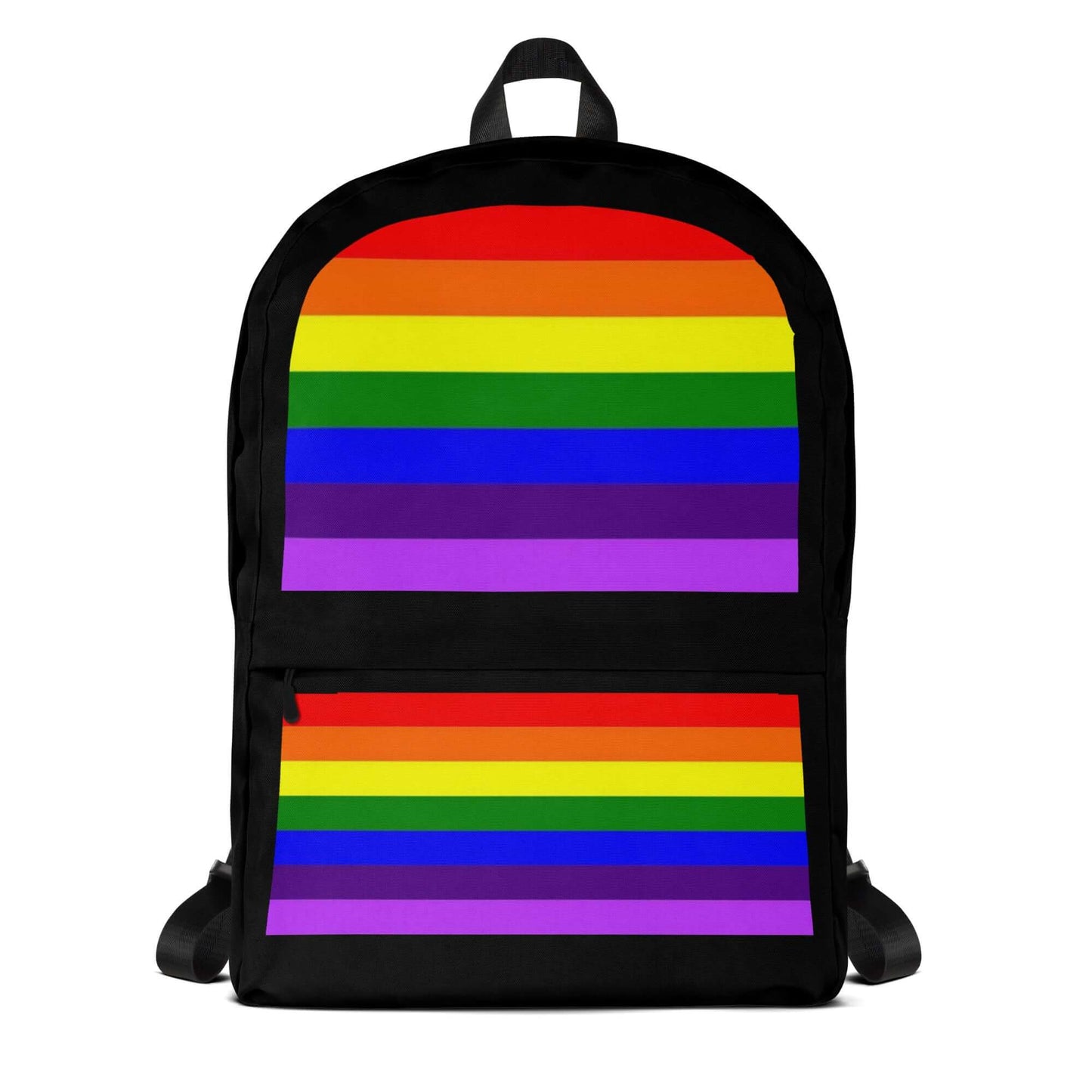 Gilbert Baker (Adapted Version) Pride Backpack featuring a vibrant rainbow stripe design on a black background.