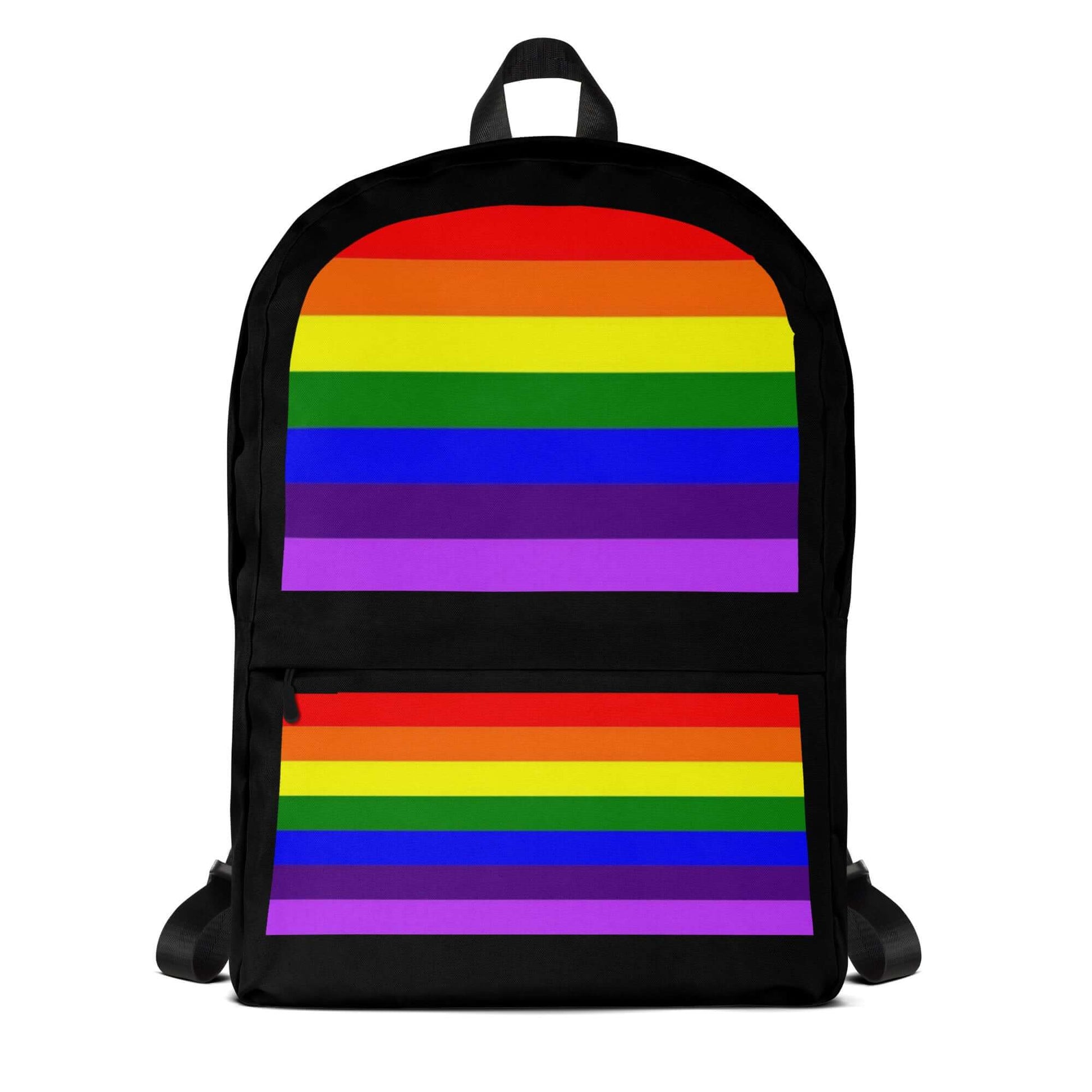 Gilbert Baker (Adapted Version) Pride Backpack featuring a vibrant rainbow stripe design on a black background.