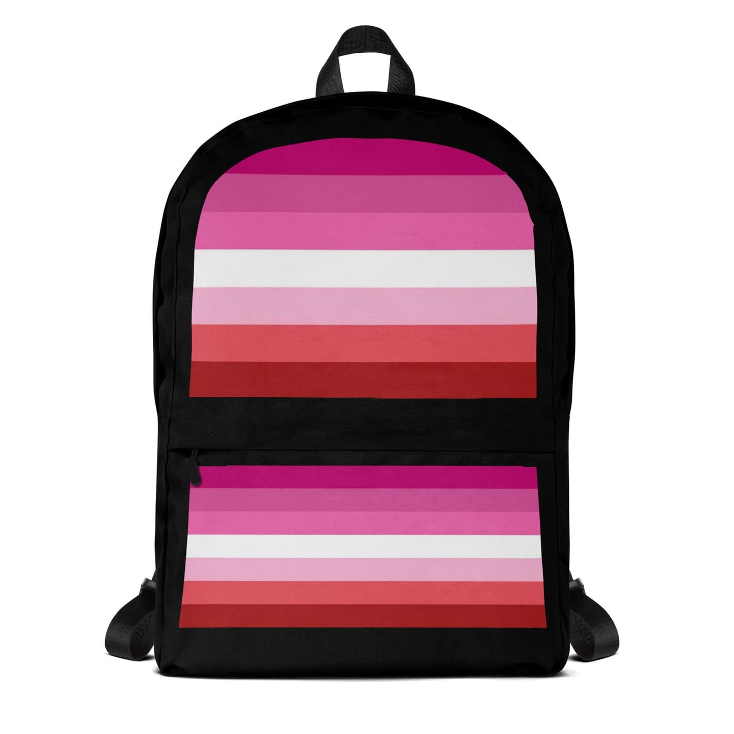 Lesbian Femme Pride Backpack featuring pink and red striped design with black accents.
