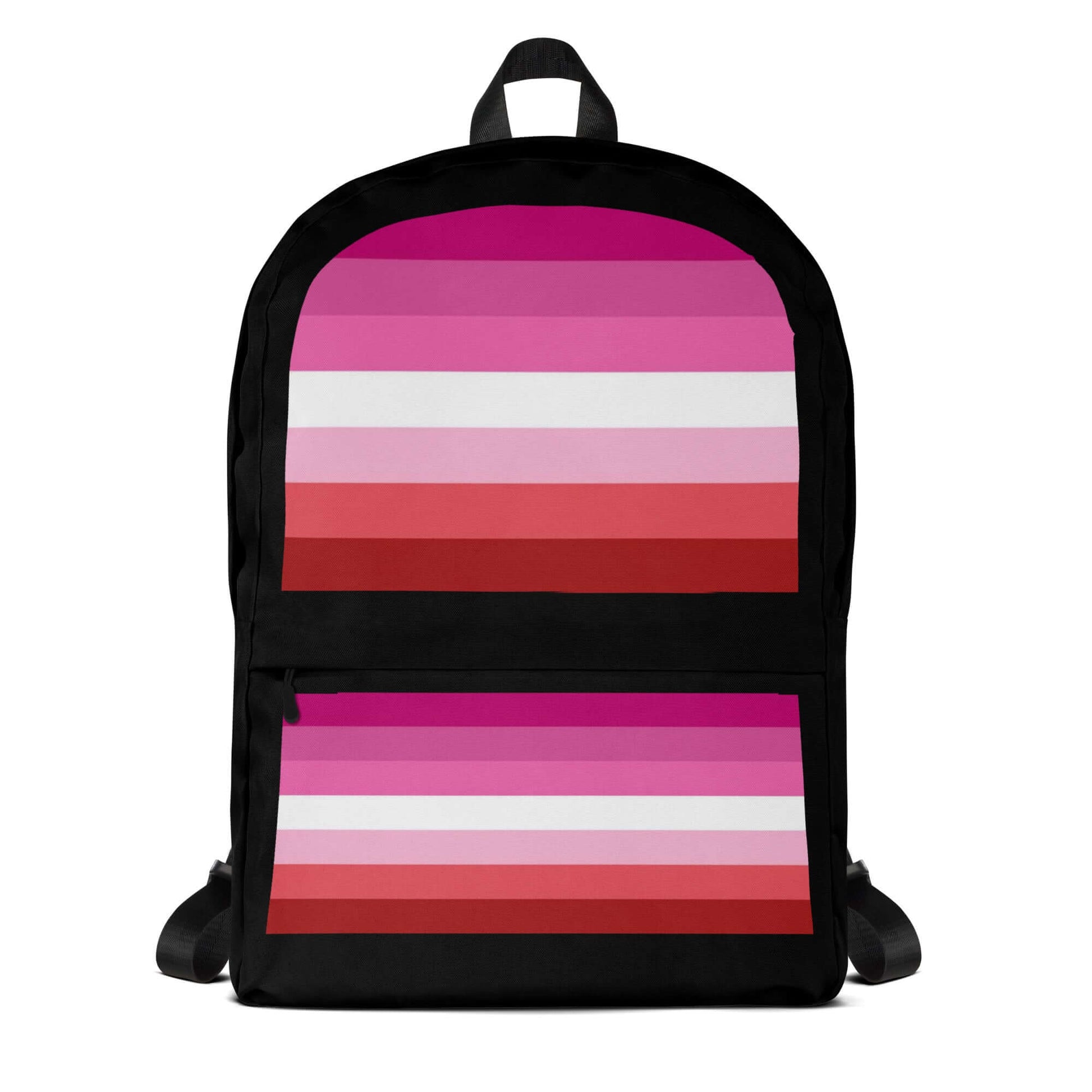 Lesbian Femme Pride Backpack featuring pink and red striped design with black accents.