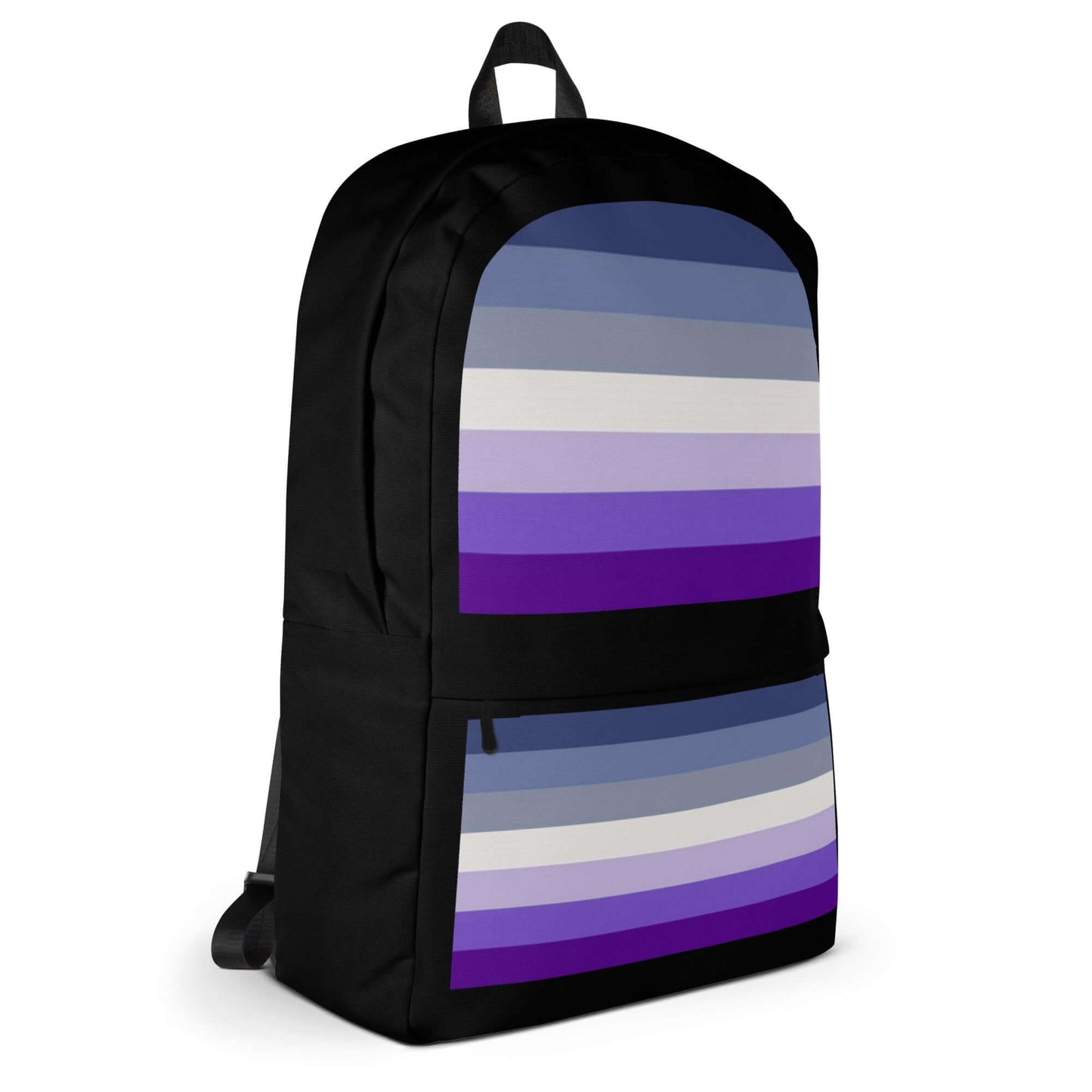 Butch Lesbian Pride Backpack featuring a gradient of purple and gray stripes on a black background.