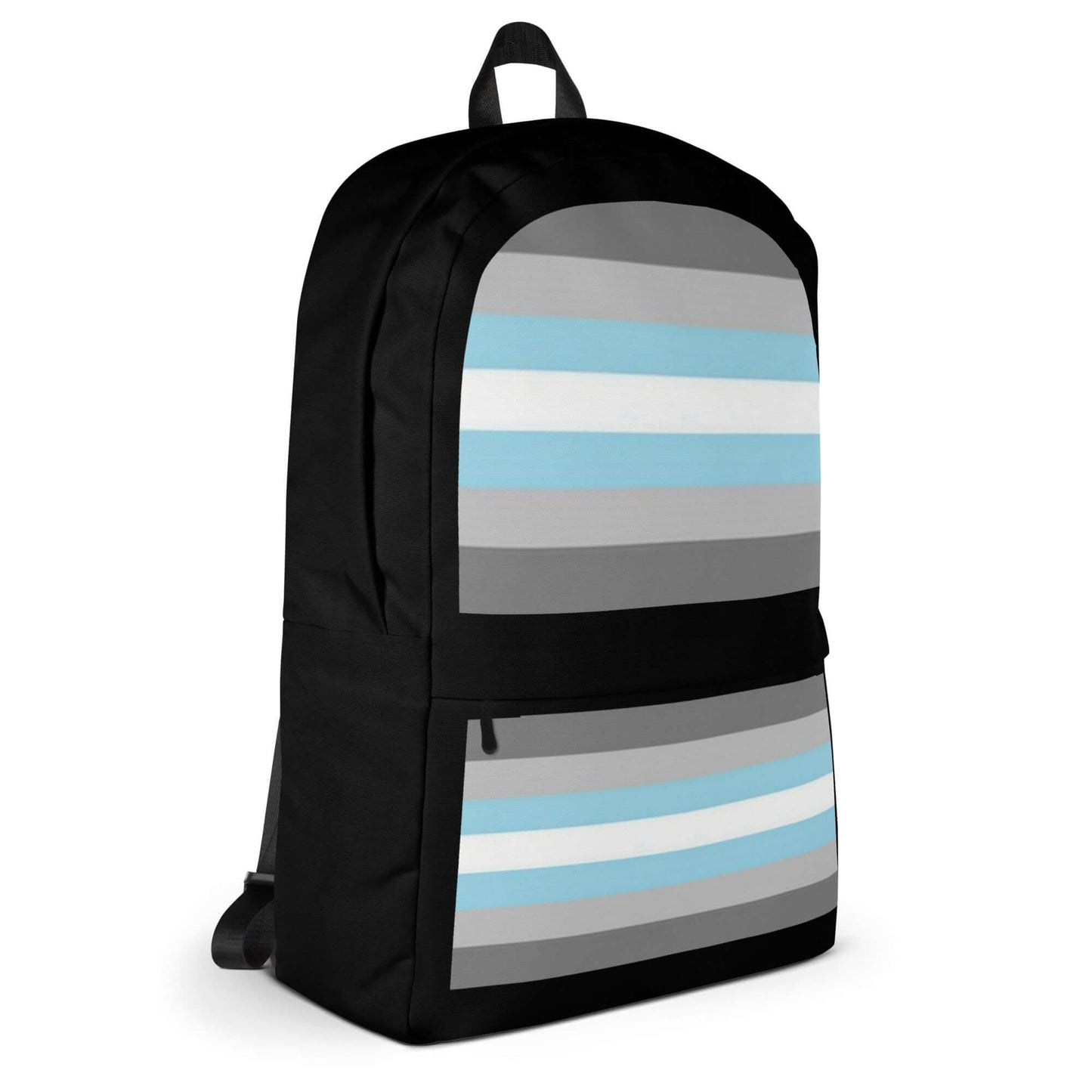 Demigender Demiboys Pride Backpack features a black design with grey and blue stripes, suitable for daily use and sports activities.