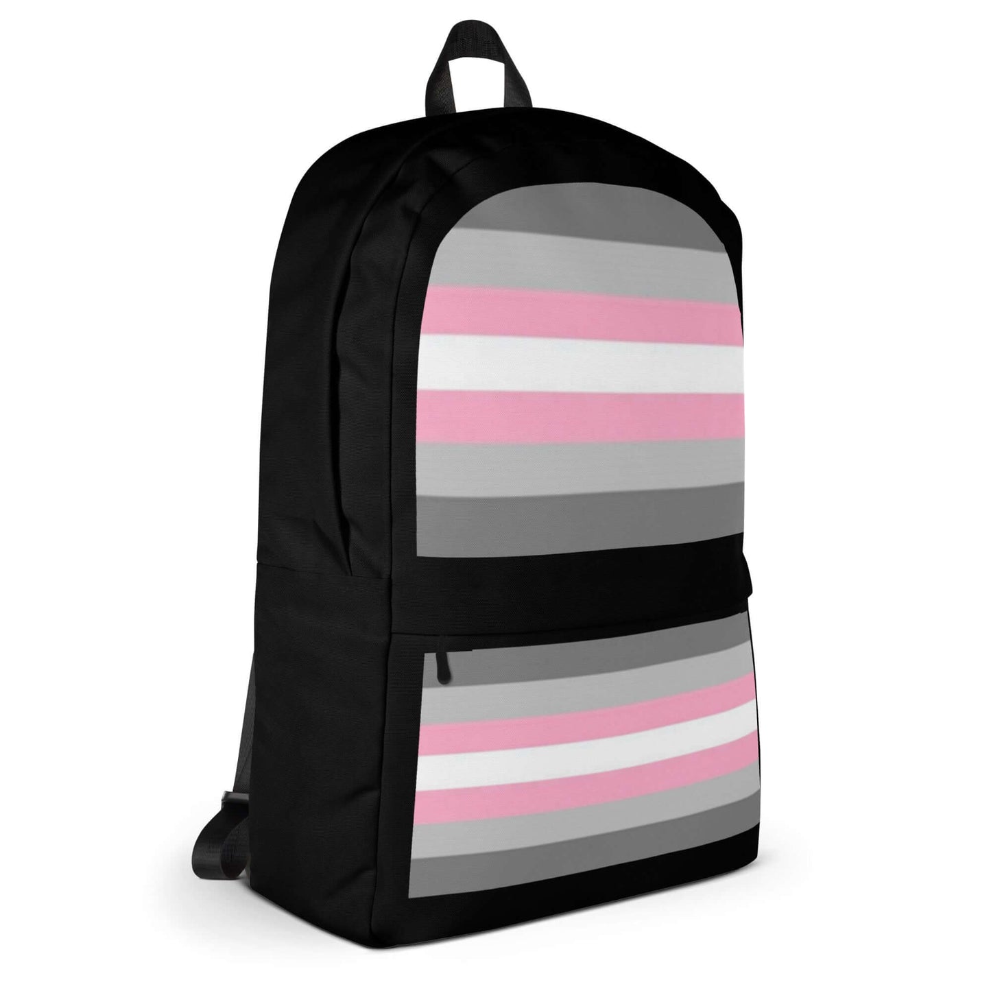 Demigender Demigirls Pride Backpack featuring pink, gray, and black striped design for daily use or sports.