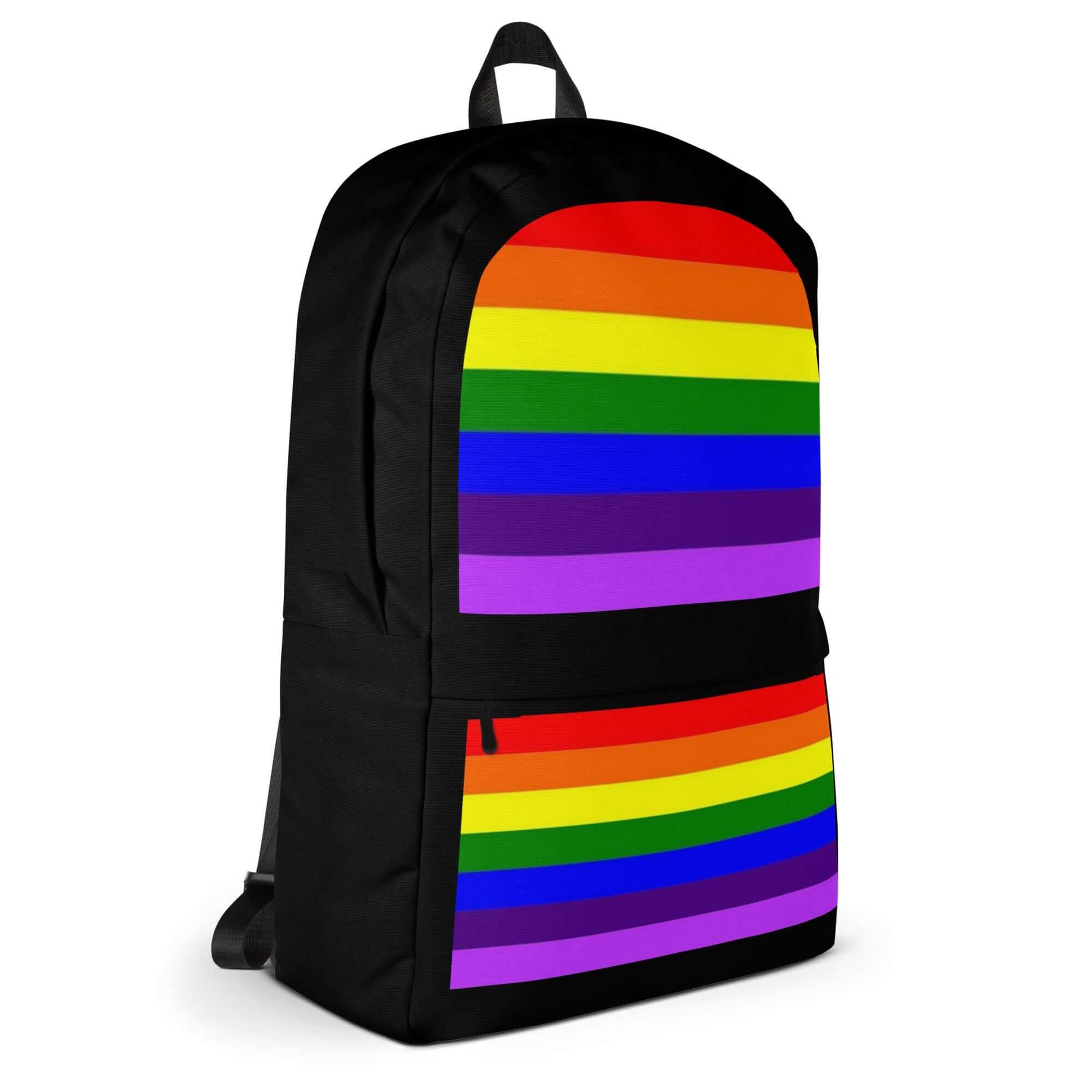 Gilbert Baker (Adapted Version) Pride Backpack with vibrant rainbow stripes on a black background.