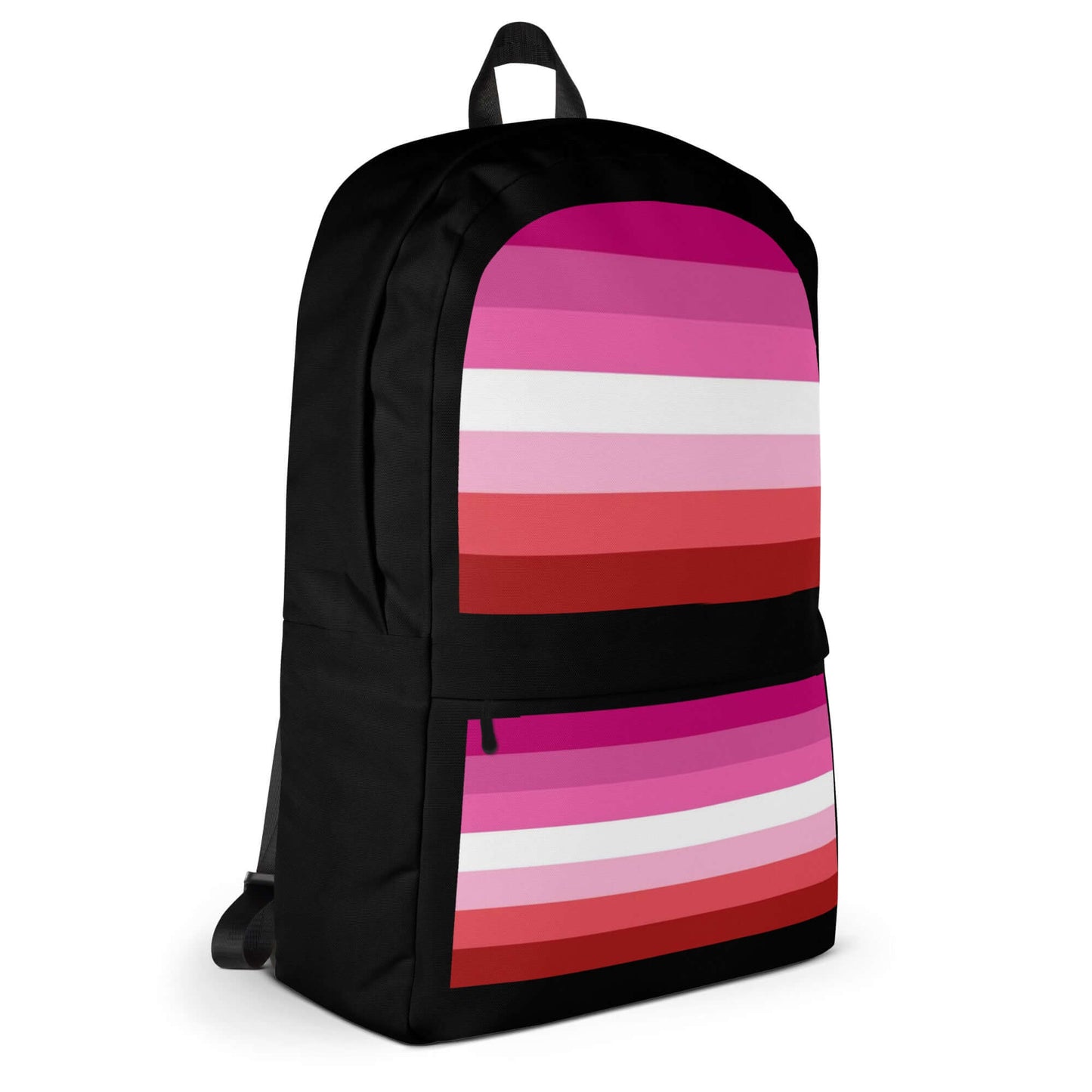 Lesbian Femme Pride Backpack featuring colorful stripes on a black background, perfect for daily use or sports.