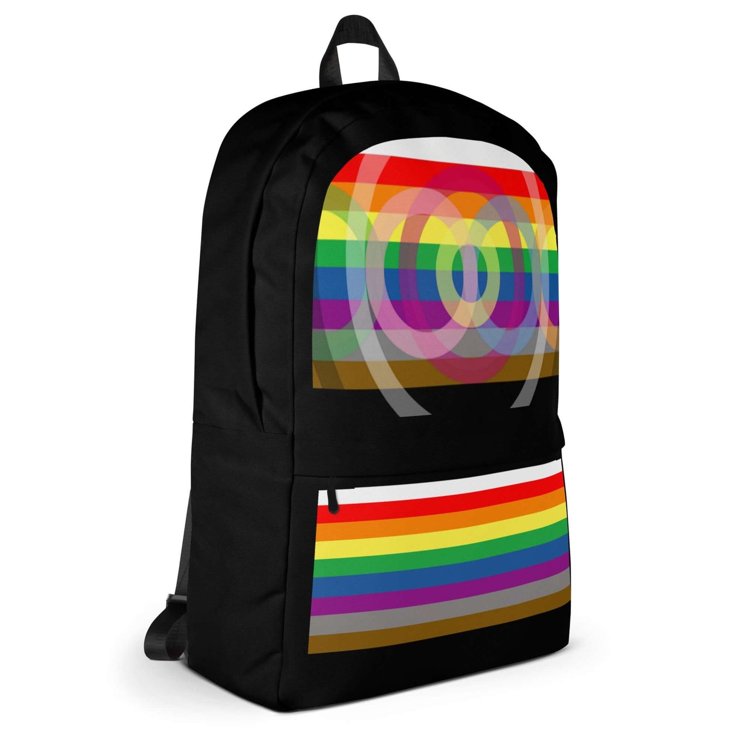 Outburo Intersectional Pride Backpack with colorful rainbow design and black background.