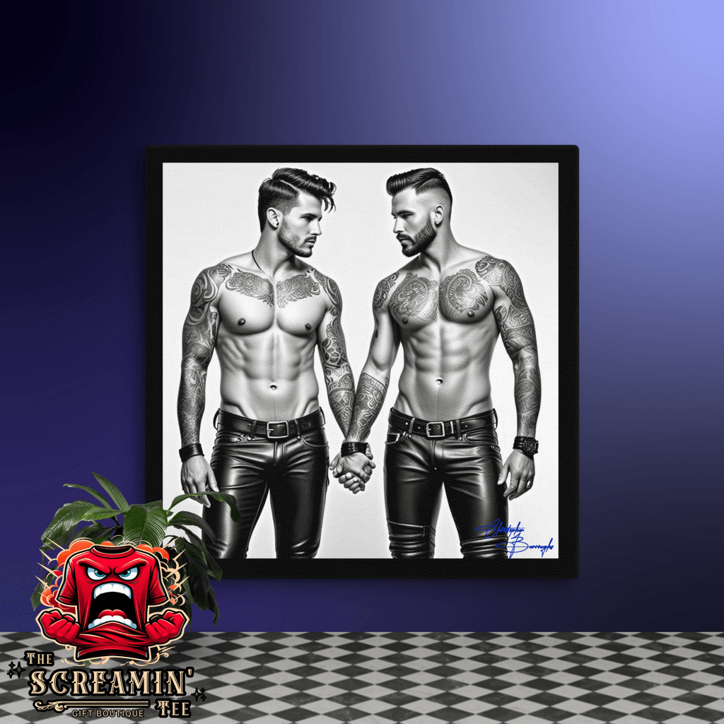Grip Canvas Art (Achromatic) featuring two muscular men in leather outfits holding hands, showcasing queer culture.