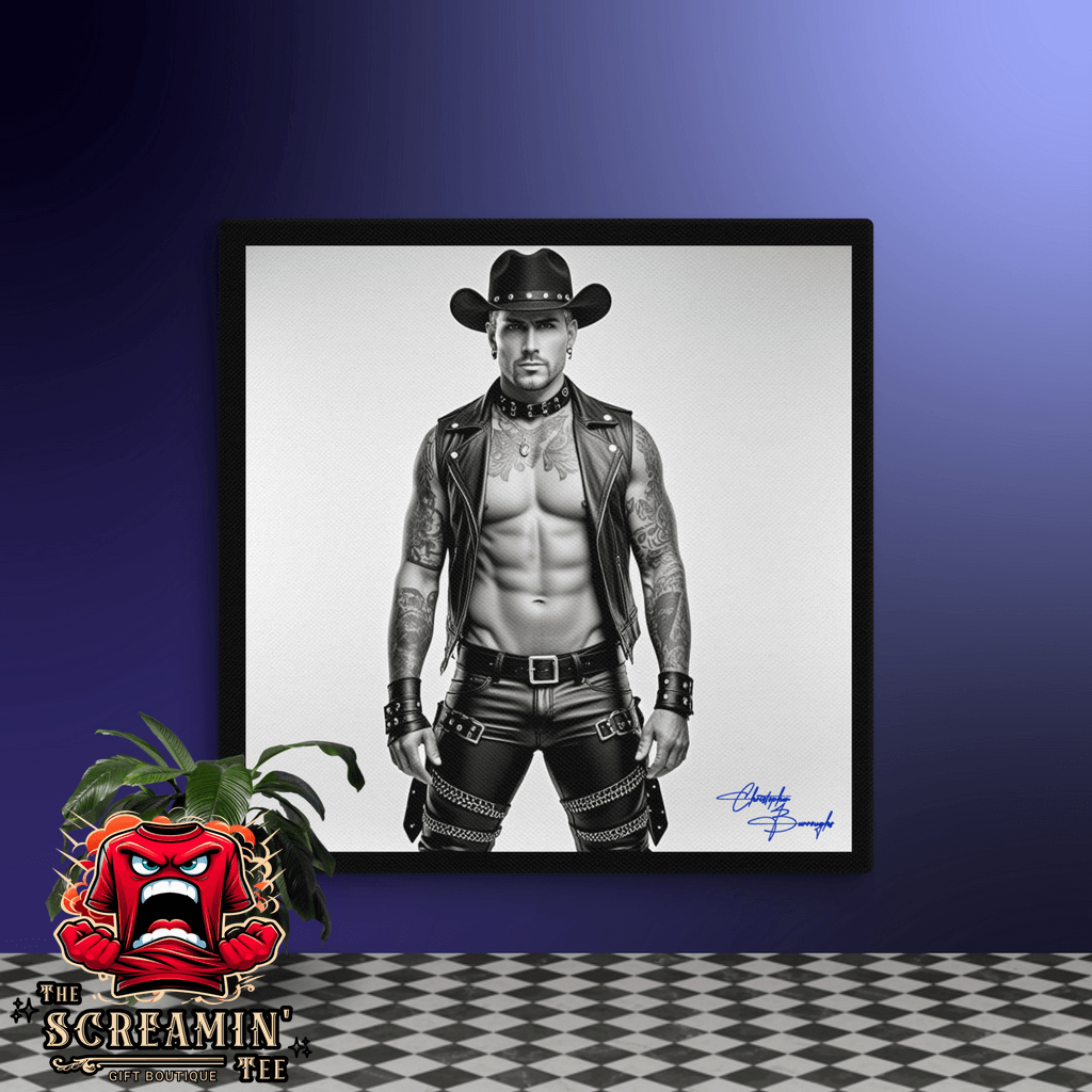 Midnight Cowboy Canvas Art (Achromatic) featuring a muscular leatherman in striking leather outfit.