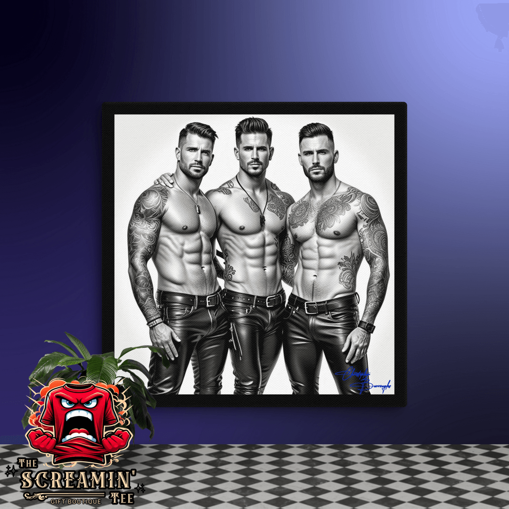 Throuple canvas art (Achromatic) featuring three muscular leathermen in striking leather outfits.