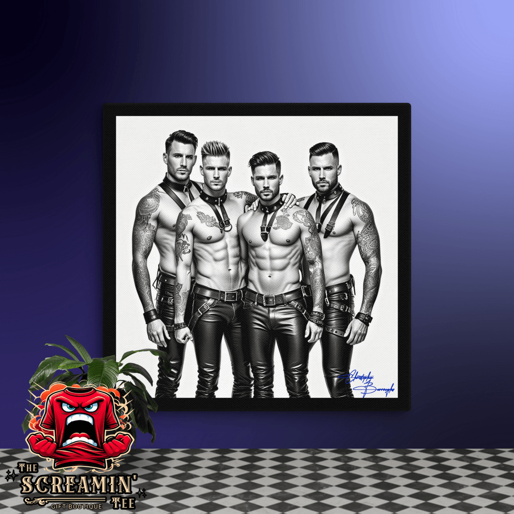 Leathermen Canvas Art (Achromatic) featuring four muscular men in leather outfits posing confidently.