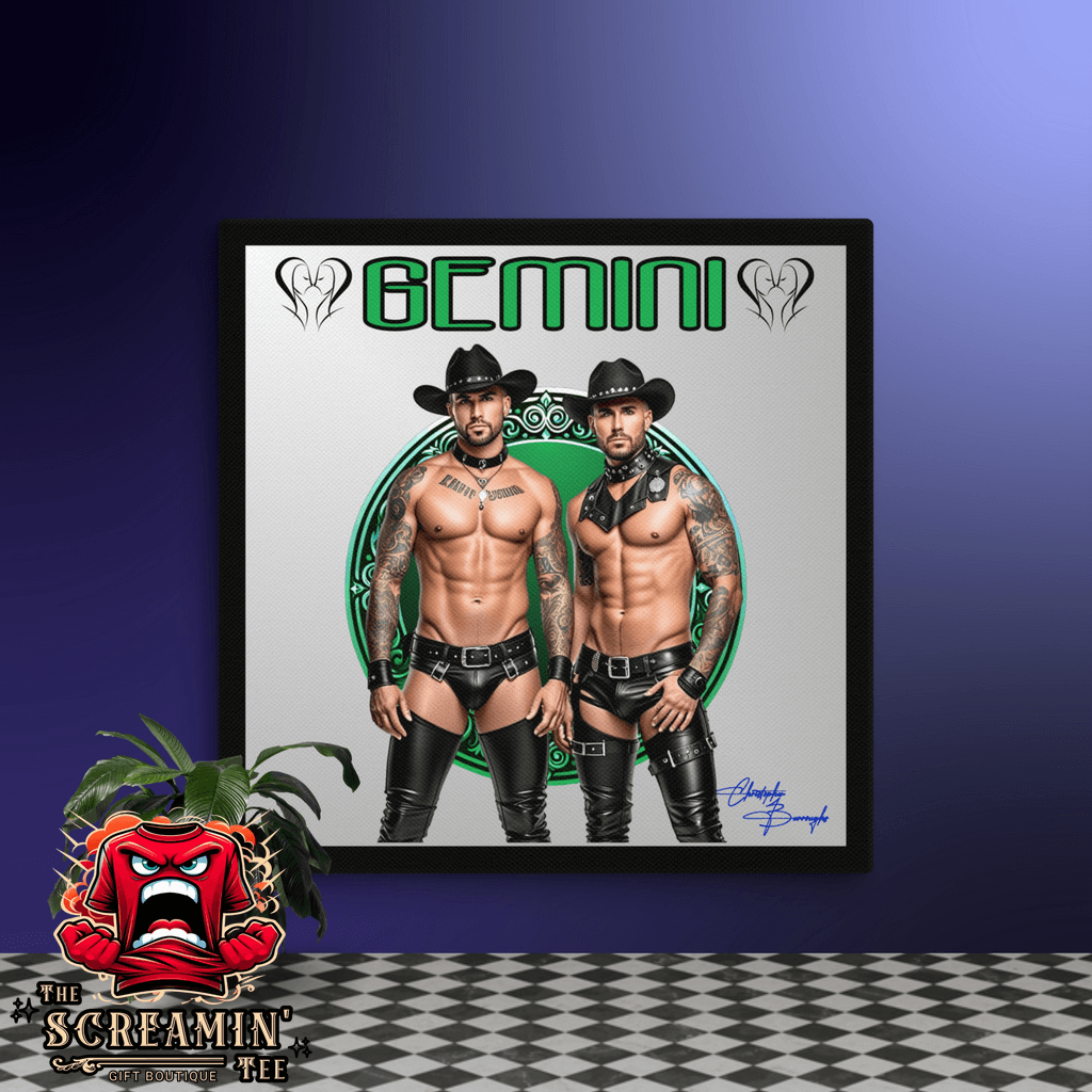 Haus Of Zodiac Canvas Art | Leathermen Fin & Cade (Gemini) featuring two muscular men in leather outfits.