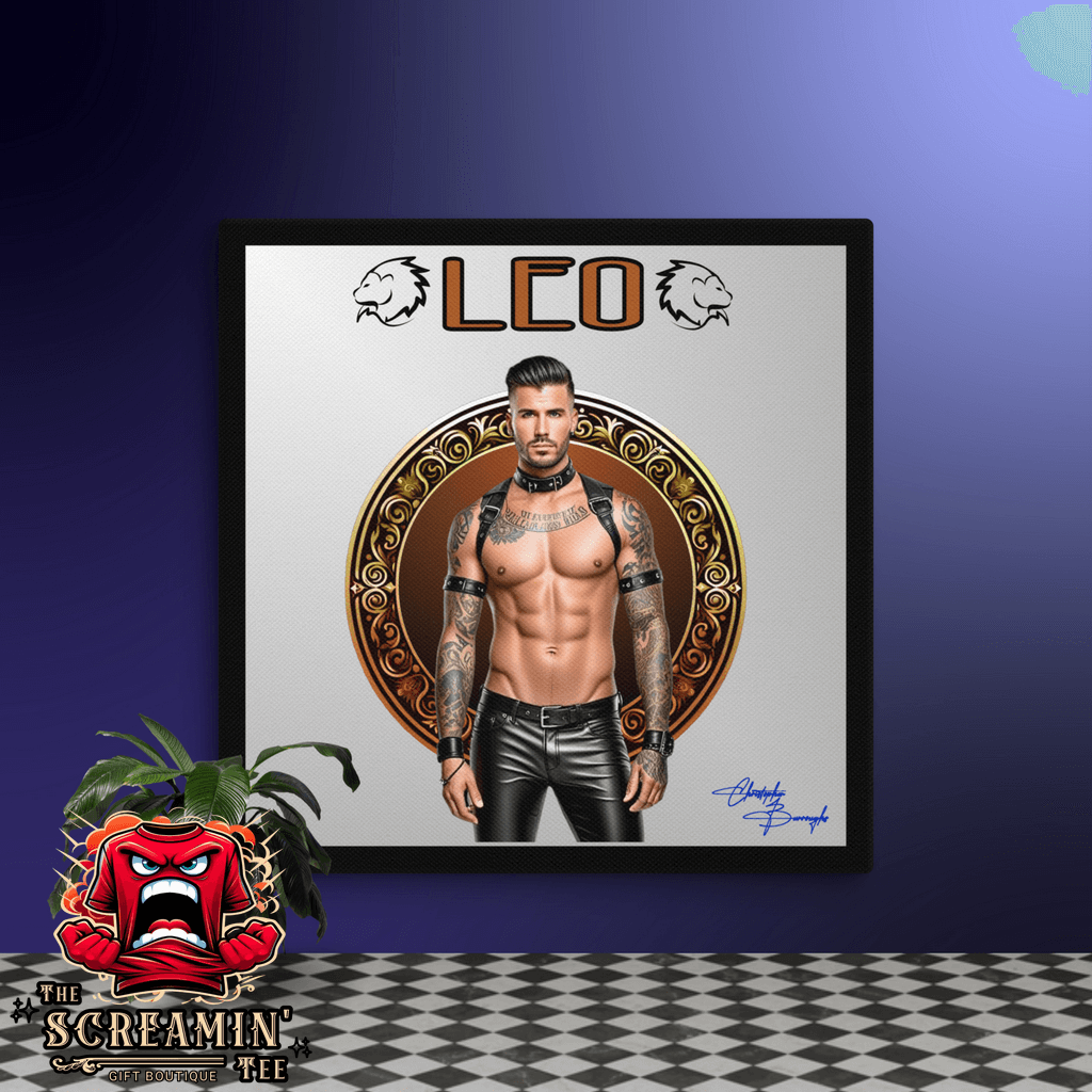 Haus Of Zodiac Canvas Art | Leatherman Rex (Leo) featuring a muscular figure with tattoos and leather attire.