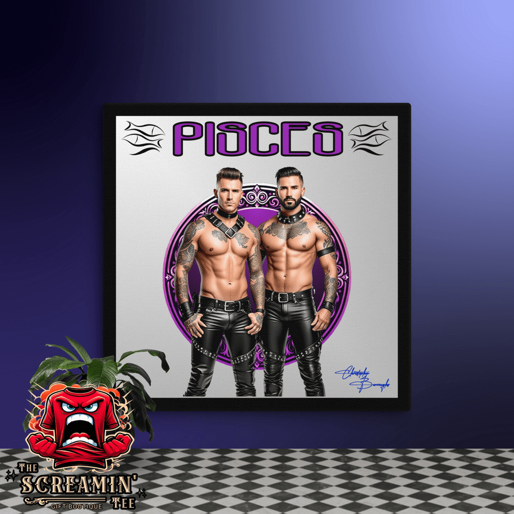 Haus Of Zodiac Canvas Art | Leathermen Indigo & Koi (Pisces) featuring two masculine figures in leather attire.