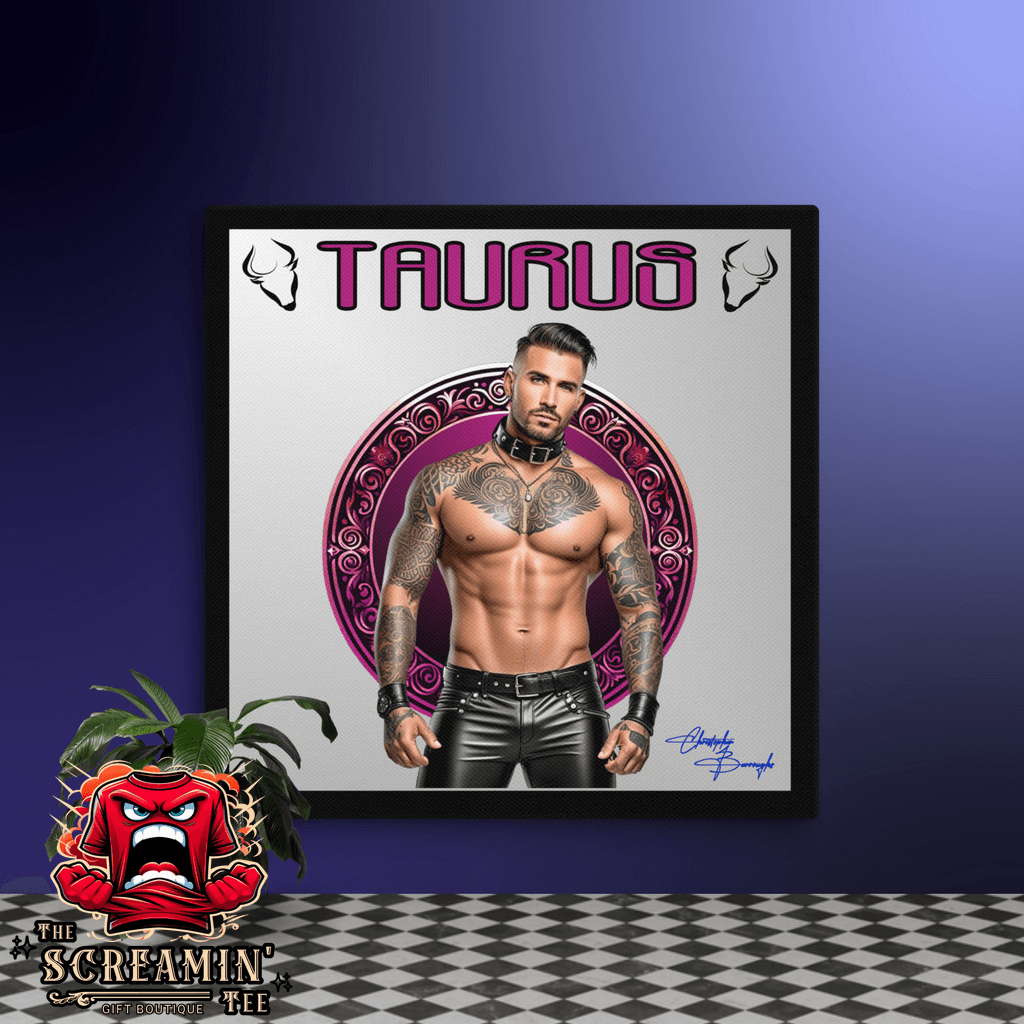 Haus Of Zodiac Canvas Art | Leatherman Bronson (Taurus) featuring a muscular man in leather attire.