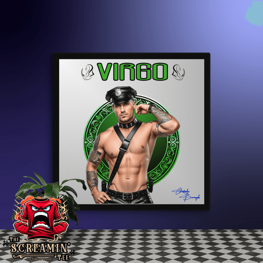 Haus Of Zodiac Canvas Art | Leatherman Griffin (Virgo) featuring a muscular man in leather with Virgo text.
