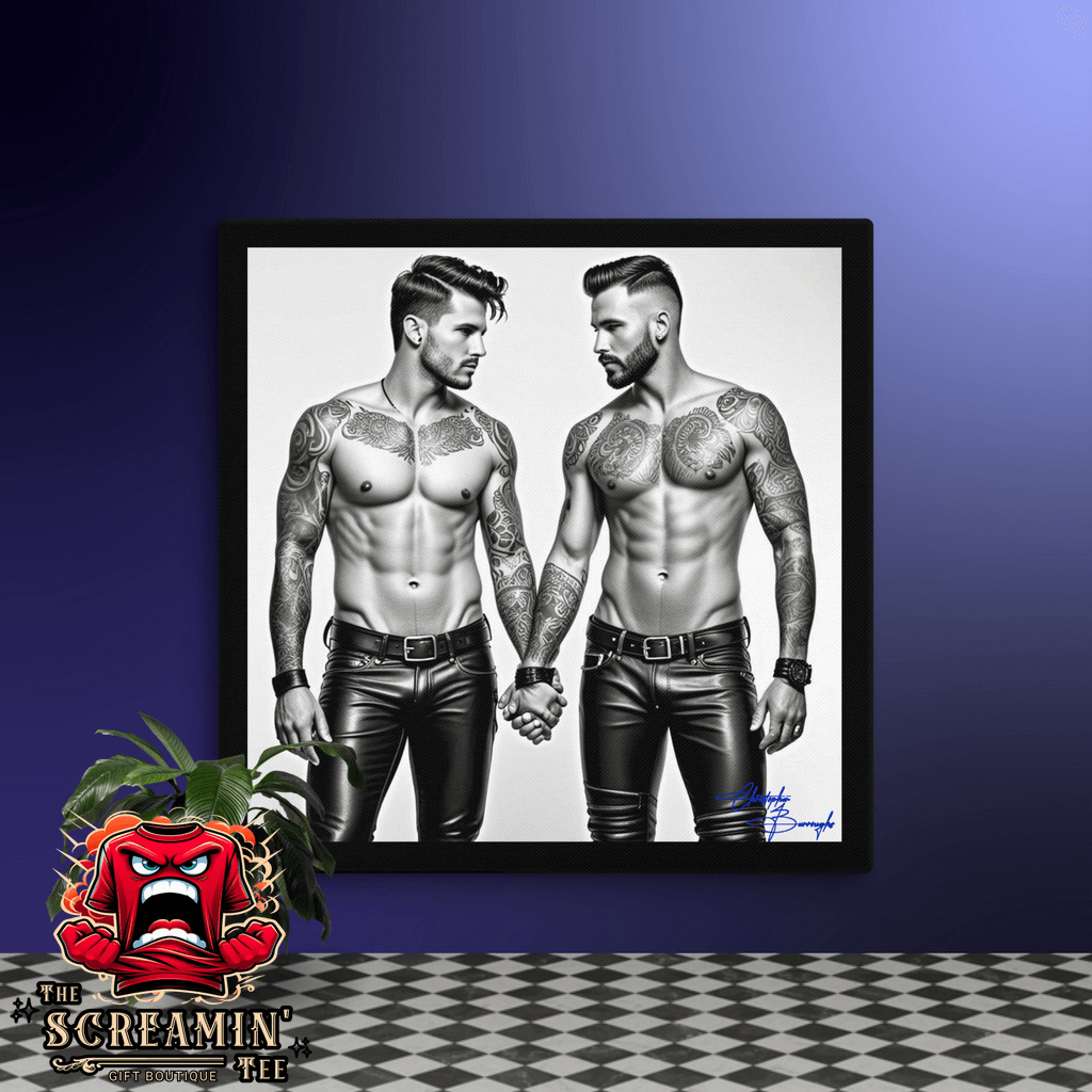 "Grip" Canvas Art (Achromatic) featuring two muscular men in leather outfits holding hands.