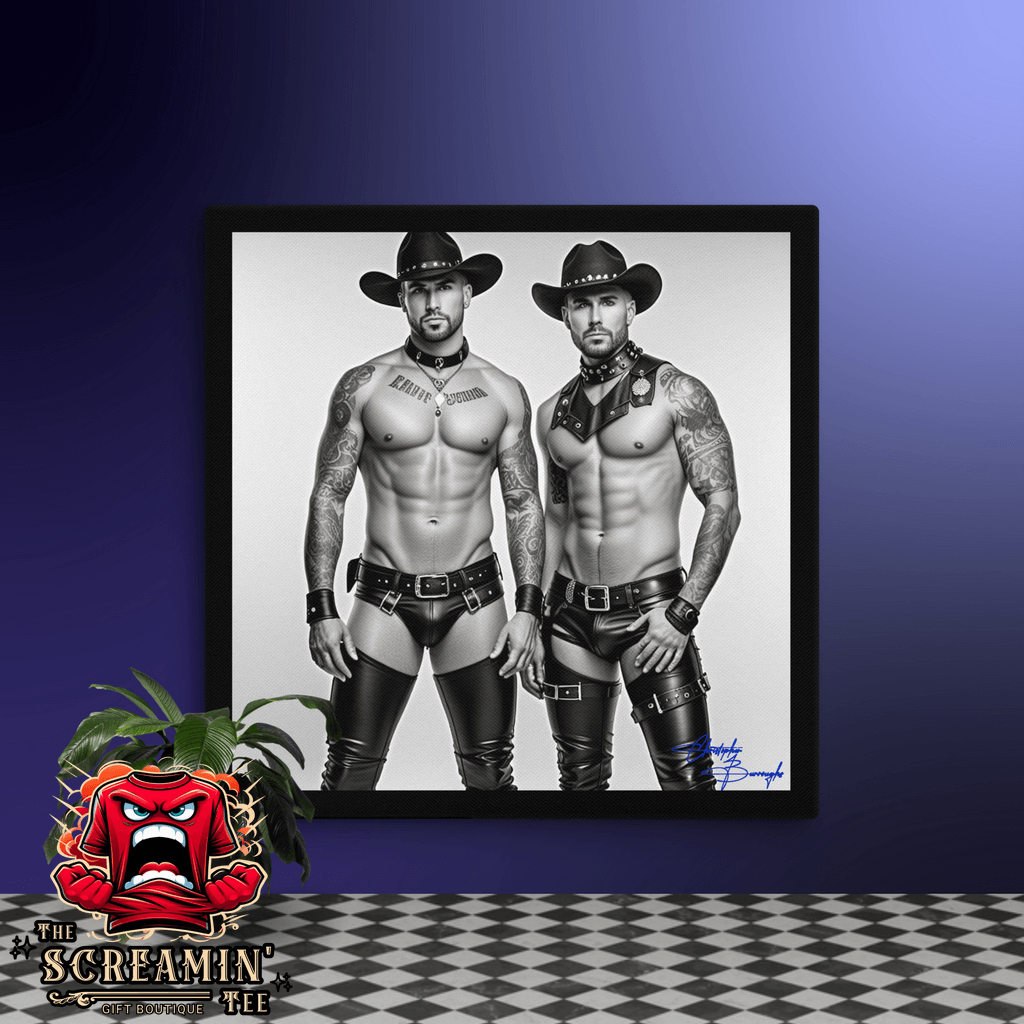 Brokeback Cowboys Canvas Art (Achromatic) featuring two leathermen in striking outfits and bold poses.