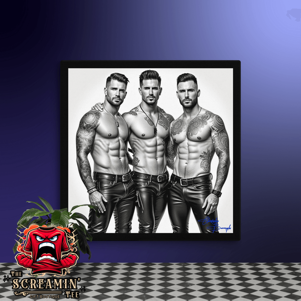 "Throuple" Canvas Art (Achromatic) featuring three muscular men in leather outfits showcasing queer culture.