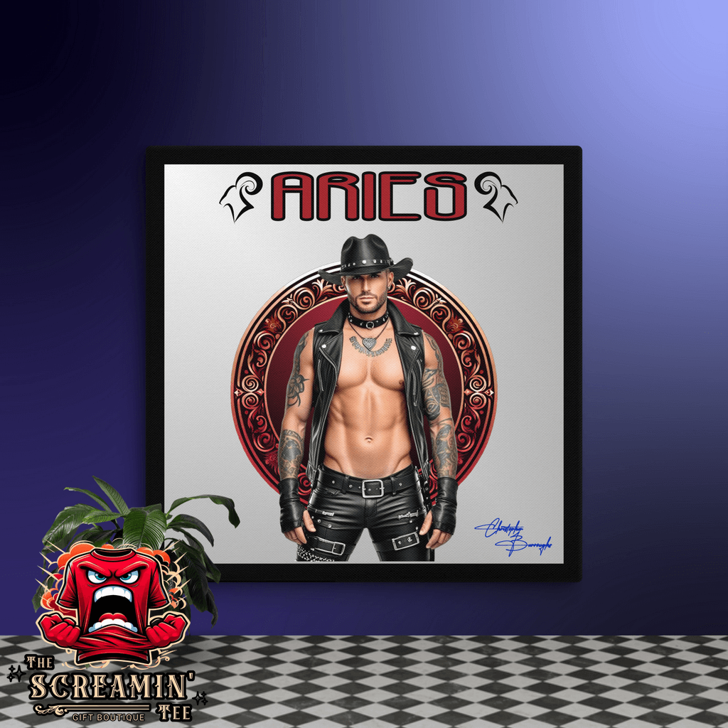 Haus Of Zodiac Canvas Art | Leatherman Blaze (Aries) featuring a muscular cowboy in leather attire.