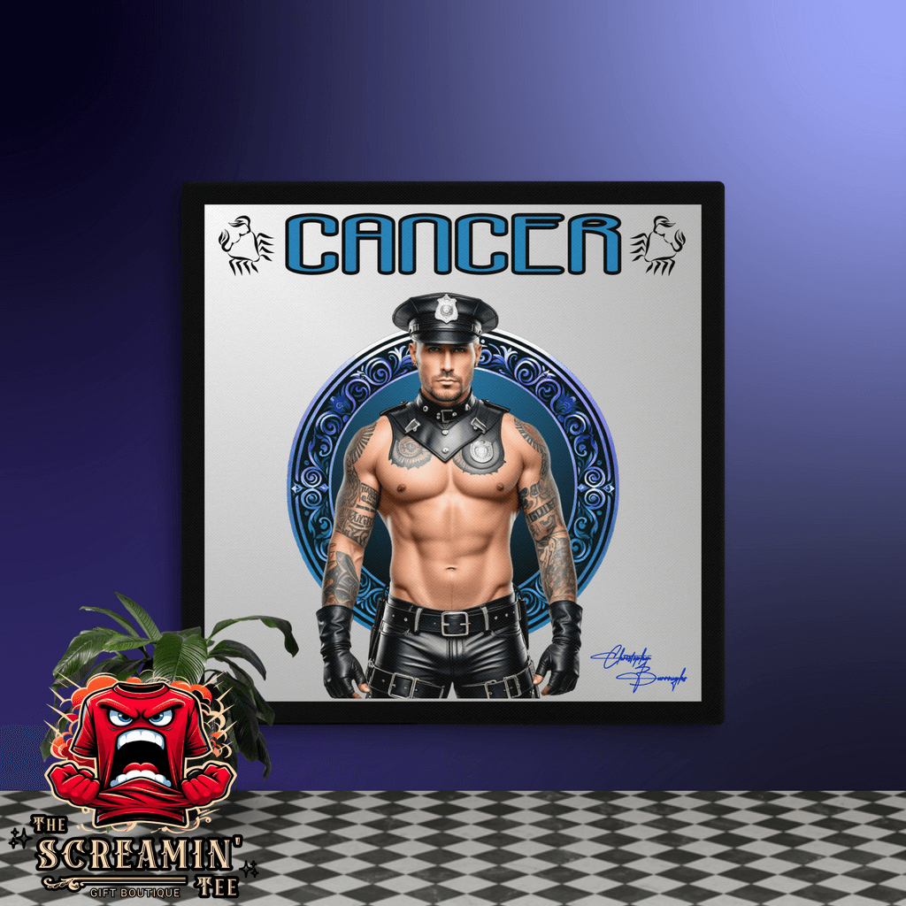 Haus Of Zodiac Canvas Art | Leatherman Ronan (Cancer) featuring a muscular figure in leather attire, vibrant colors.