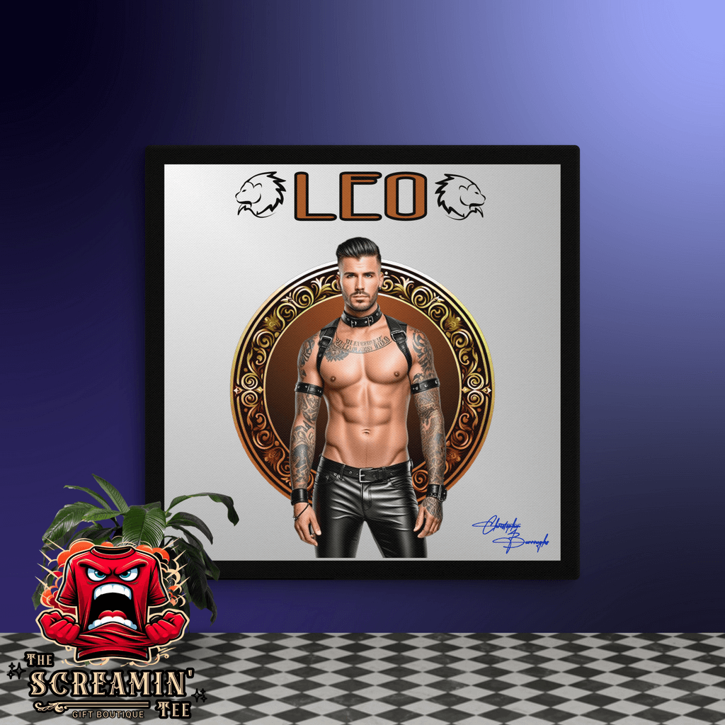 Haus Of Zodiac Canvas Art | Leatherman Rex (Leo) featuring a muscular figure with tattoos in a vibrant design.