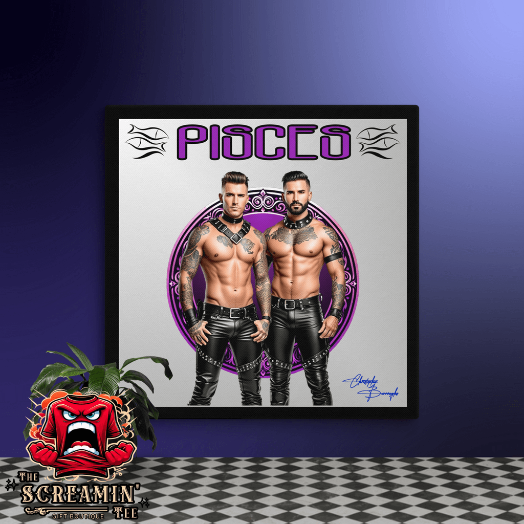 Haus Of Zodiac Canvas Art | Leathermen Indigo & Koi (Pisces) featuring two muscular men in leather attire.