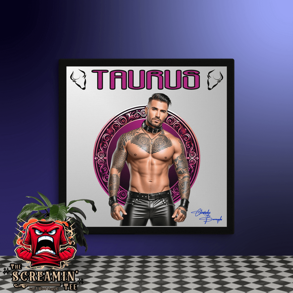 Haus Of Zodiac Canvas Art | Leatherman Bronson (Taurus) featuring a muscular man with tattoos in leather attire.