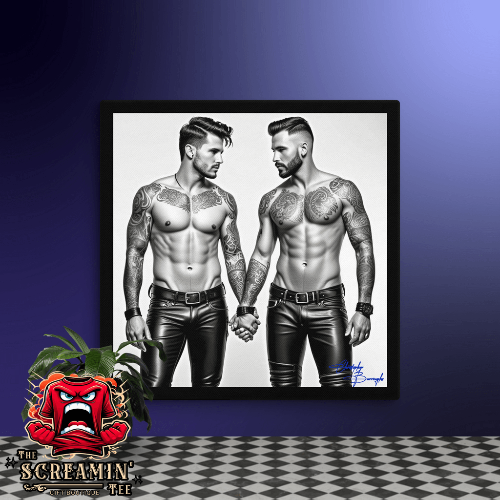 "Grip" Canvas Art (Achromatic) featuring two muscular leathermen holding hands in black and white.