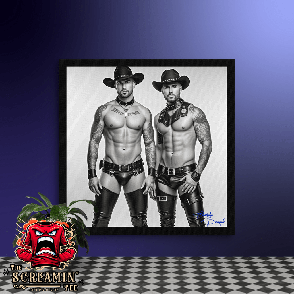 Brokeback Cowboys Canvas Art (Achromatic) featuring two muscular leathermen in stylish leather outfits.
