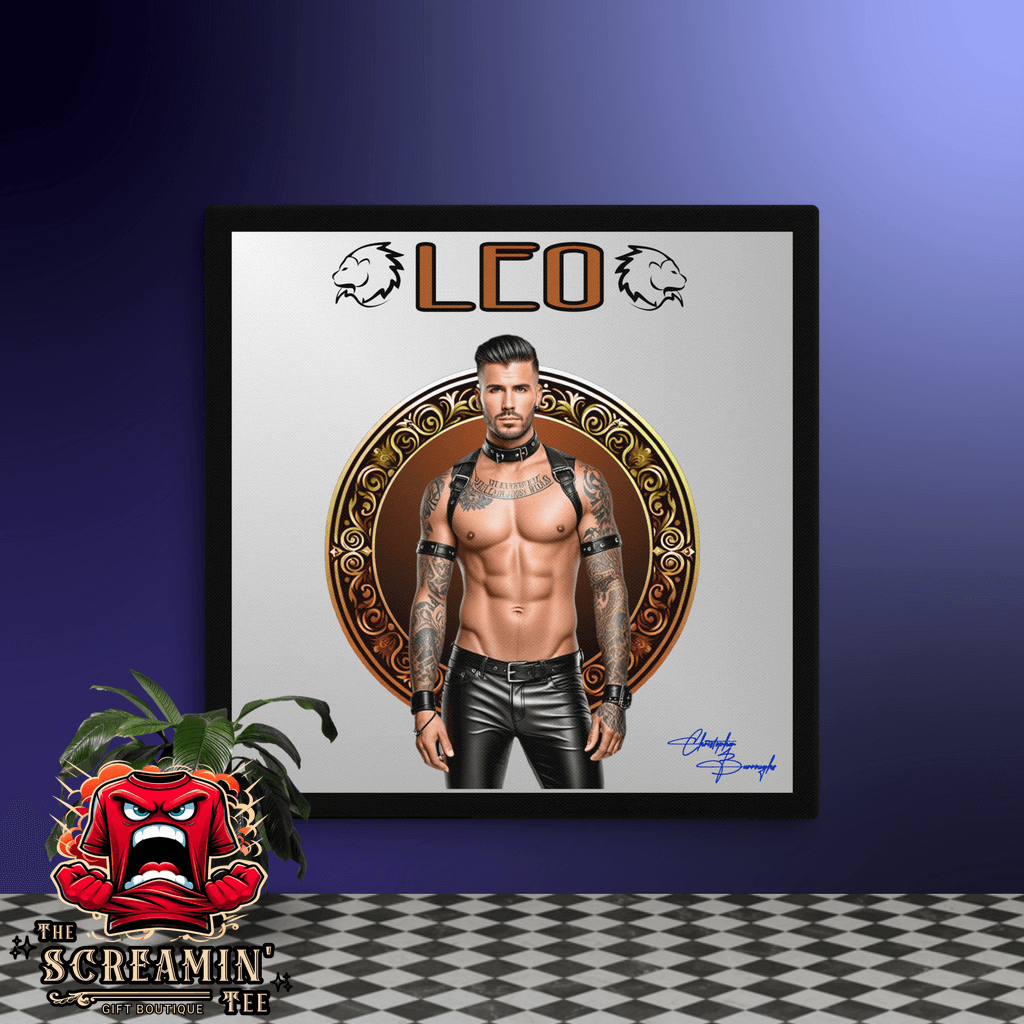 Haus Of Zodiac Canvas Art | Leatherman Rex (Leo) featuring a muscular man with tattoos in leather attire.