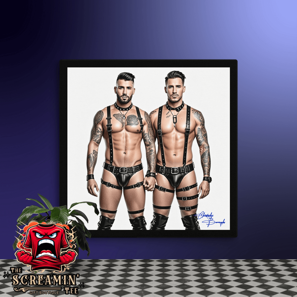 "Uniform" Canvas Art (Chromatic) featuring a striking depiction of leathermen in bold outfits.