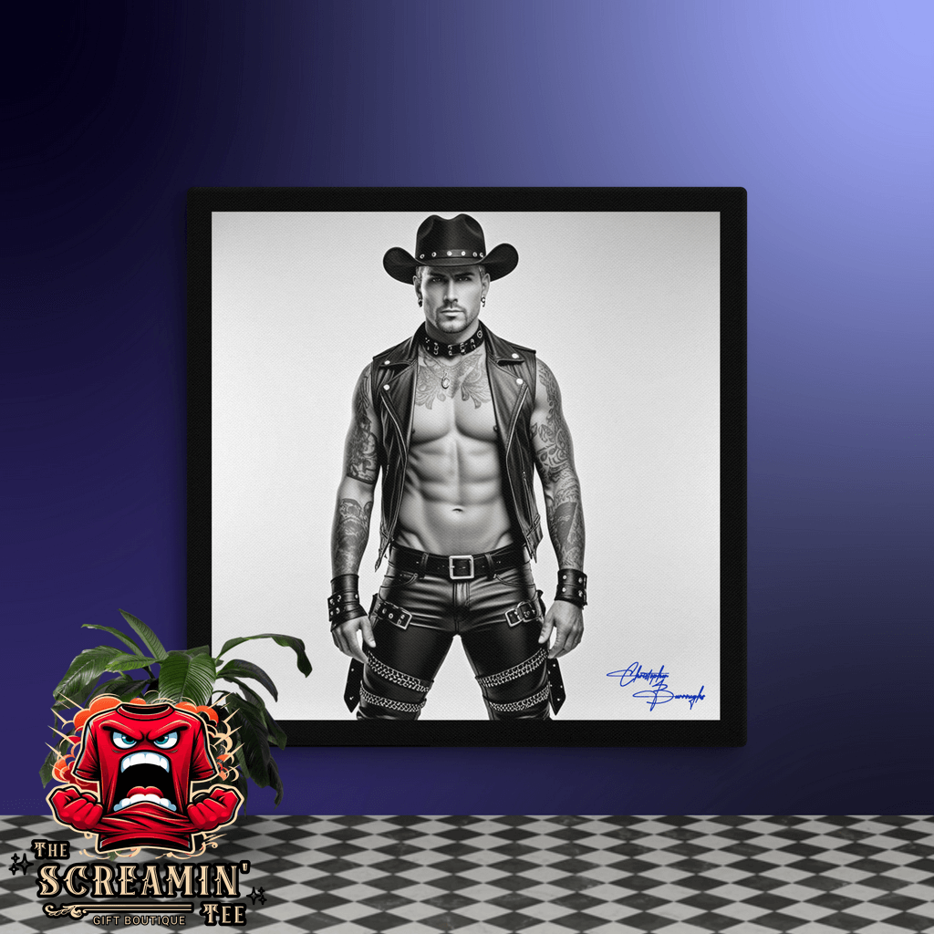 Midnight Cowboy Canvas Art (Achromatic) featuring a stylish leatherman in striking leather attire.