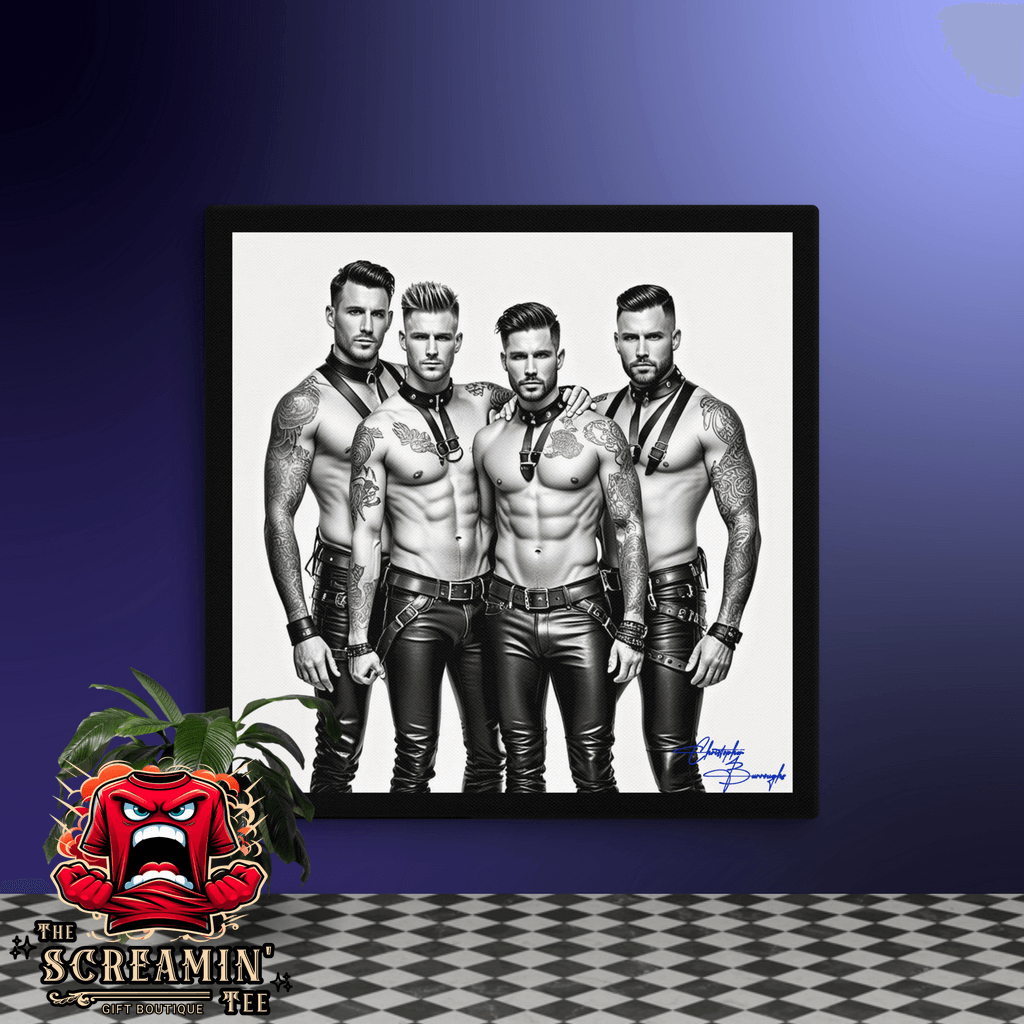 Leathermen Canvas Art (Achromatic) featuring four muscular men in leather outfits posing confidently.