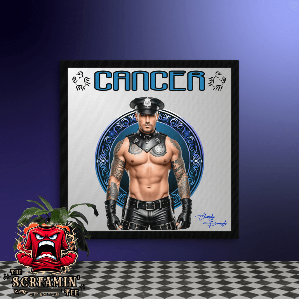 Haus Of Zodiac Canvas Art | Leatherman Ronan (Cancer) featuring a muscular man in leather attire, vibrant colors, and astrological theme.