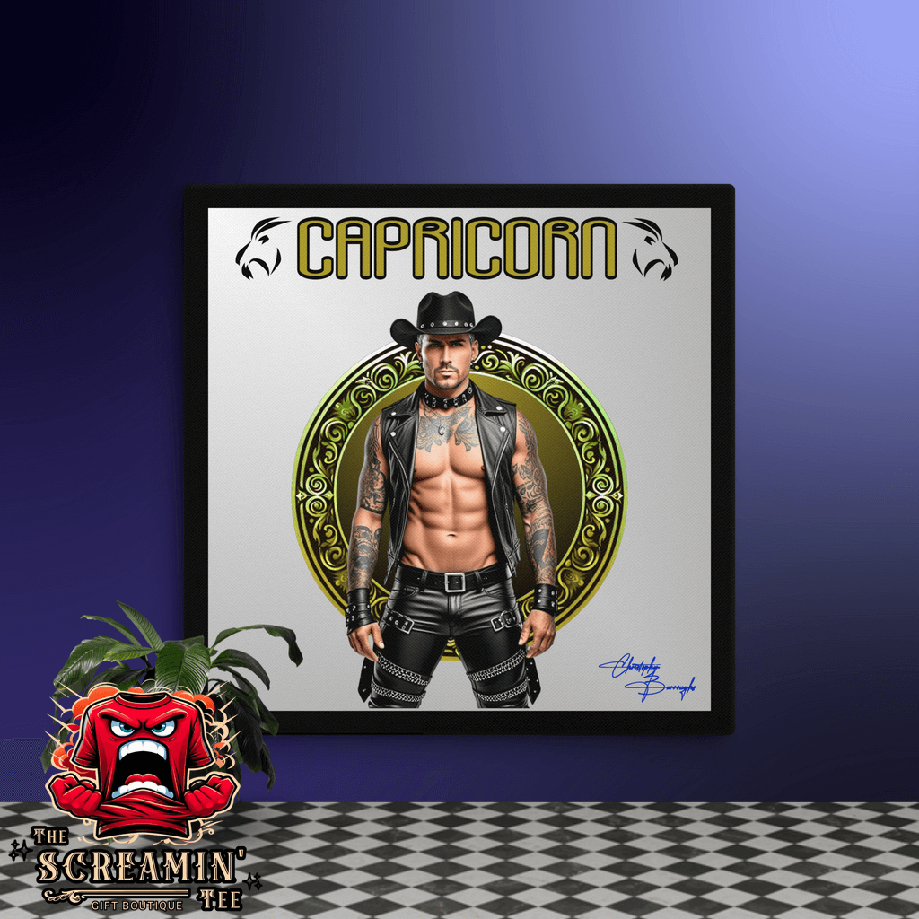 Haus Of Zodiac Canvas Art | Leatherman Sterling (Capricorn) featuring a muscular figure in leather attire.