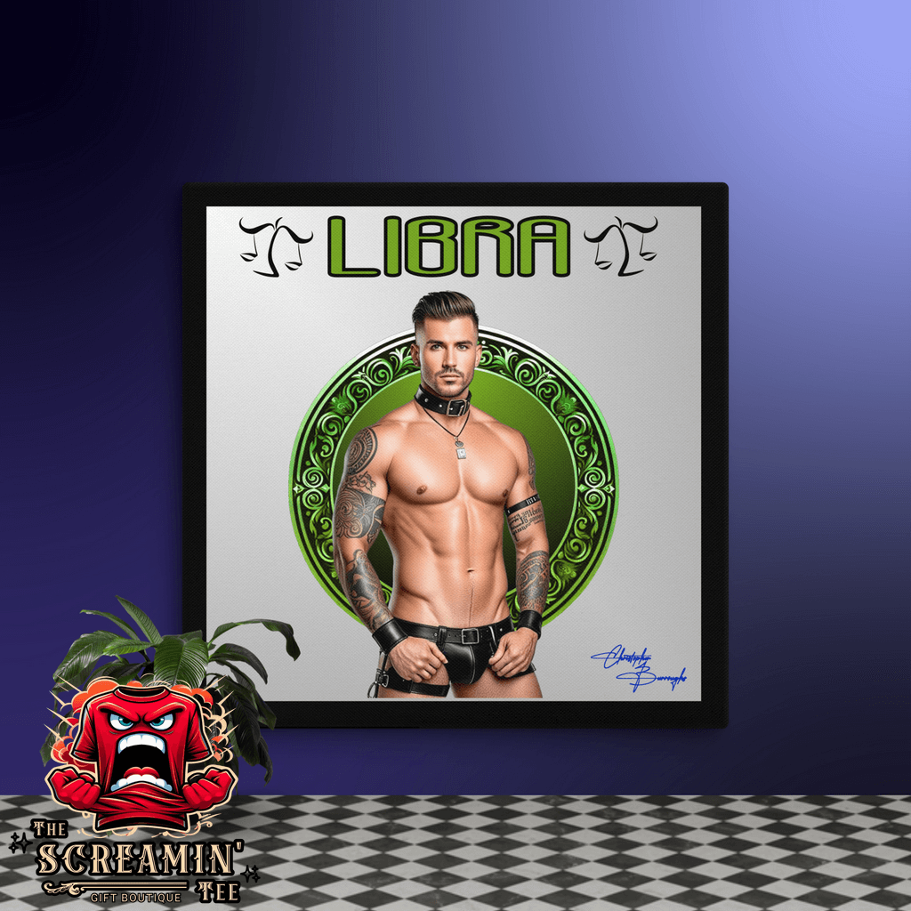 Haus Of Zodiac Canvas Art | Leatherman Pierce (Libra) showcasing a muscular man in leather with astrological symbols.