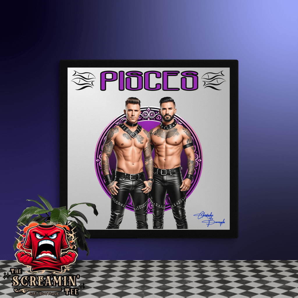 Haus Of Zodiac Canvas Art | Leathermen Indigo & Koi (Pisces) featuring two muscular men in leather attire.