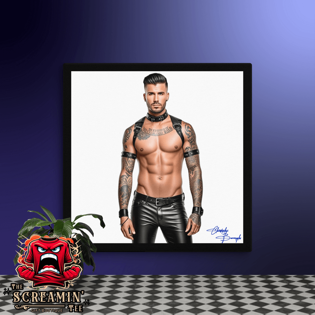 "Verse" Canvas Art (Chromatic) featuring a muscular man in leather attire, showcasing bold queer culture.