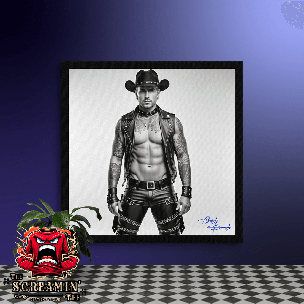 Midnight Cowboy Canvas Art (Achromatic) featuring a muscular man in leather attire and cowboy hat.