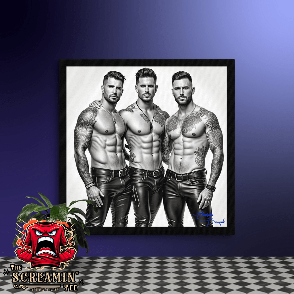 "Throuple" Canvas Art (Achromatic) showcasing three muscular leathermen in striking leather outfits.